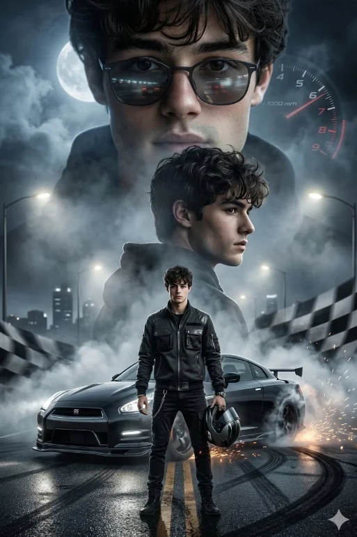 nano banana pro prompts: Ultra-realistic cinematic underground racing poster, with a dark, smoky and intense atmosphere inspired by nighttime street-race culture.

Create a triple-layer composition:

Foreground Scene (Full-body)

A dramatic full-body shot of the man standing in the middle of an abandoned industrial road at night. He should be holding a racing helmet under one arm and standing confidently beside a modified street-race car drifting in slow motion behind him, generating heavy smoke, sparks, and tire marks. The ground must reflect light from the car's headlights, adding wet-asphalt cinematic reflections.

Clothing: black jacket (leather or tactical), dark pants, rings and accessories, subtle metallic reflections, realistic fabric texture with shadows and folds.

Mid-layer Portrait

A medium-sized portrait of the man, facing sideways with a stern, focused expression, as if preparing for a race or confrontation. Add subtle fog around the edges and soft rim lighting from the streetlights above. The portrait must blend smoothly with the drifting smoke from the car.

Hero Background Portrait (Large Face)

A massive intense close-up of the man's face dominating the top of the poster, expression strong and fearless. Add faint reflections of racing lights in the sunglasses and a subtle speedometer graphic overlay behind him. Smoke and moonlight should frame this portrait, creating a dramatic halo effect.

Atmosphere and Effects:

Dark palette with blacks, grays, metallic silver and moon-blue.

Minimal neon, no colorful beams.

Mist, drifting smoke, sparks from asphalt.

A blurred checkered-flag motion effect behind the background portrait.

Soft city skyline silhouette far behind the smoke.

Car:

A completely different model from the previous prompt: Nissan GT-R Black Edition (or similar JDM icon), hyper-detailed with glossy reflections, racing decals, visible carbon-fiber textures, and headlights slicing through fog.

Face Replacement Instruction:

Replace all faces with the face from the photo I will upload. Keep lighting, expression, angle, texture and realism consistent with the cinematic scene. Do not alter the person's natural facial features. Blend the face perfectly into the poster.

Final Rendering Style:

8K resolution, ultra-sharp details, premium Hollywood poster composition, dramatic depth of field, misty environment, crisp reflections, slight vignette, full photorealism.