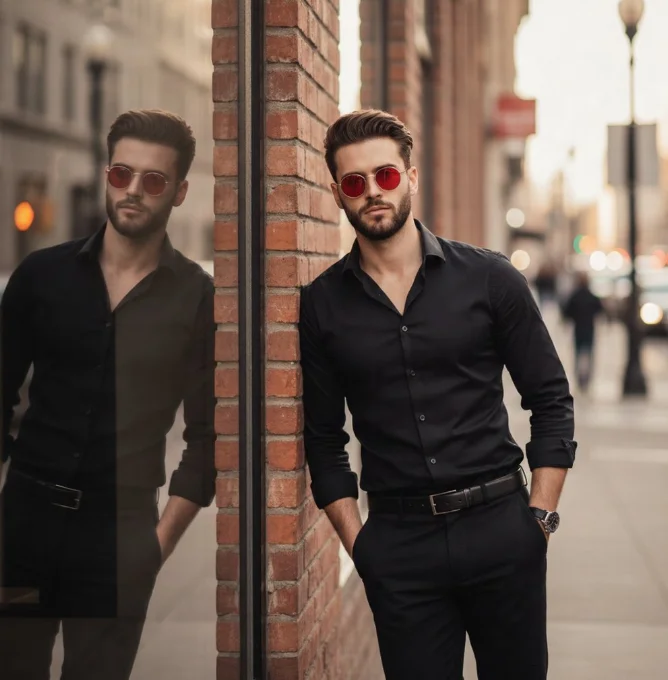 nano banana pro prompts: {
  "image_generation_prompt": {
    "subject": {
      "description": "A handsome young man with a well-groomed beard and stylish dark hair.",
      "apparel": "Form-fitting black button-down shirt with sleeves slightly rolled up, tucked into tailored black trousers with a matching black belt.",
      "accessories": "Vintage-style round sunglasses with vibrant red-tinted lenses.",
      "pose": "Leaning casually against a red brick wall next to a large glass storefront window, hands in pockets, looking directly at the camera with a confident expression."
    },
    "environment": {
      "setting": "Urban city street during golden hour.",
      "background": "Softly blurred city sidewalk with distant street lights and traffic, creating a cinematic bokeh effect.",
      "reflections": "A clear, prominent reflection of the man visible in the glass window to his left."
    },
    "technical_specs": {
      "lighting": "Warm, natural golden hour sunlight, soft side-lighting creating depth and highlighting textures of the brick and fabric.",
      "camera_style": "High-resolution street photography, shot on 85mm lens, f/1.8 aperture for shallow depth of field.",
      "color_palette": "Moody and sophisticated, dominated by deep blacks and warm brick tones, with a sharp pop of color from the red sunglasses."
    }
  }
}