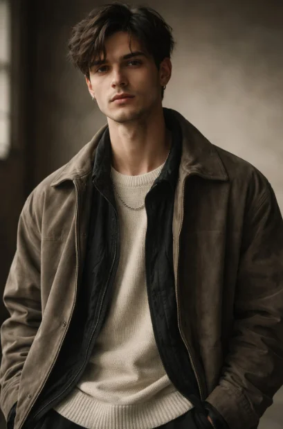 nano banana pro prompts: A young man with a distinct personal style and quiet, magnetic aura. Natural confidence that feels unforced, expressed through relaxed posture and subtle body language. Sharp yet approachable facial features with realistic skin texture. Calm, focused eyes that suggest depth and individuality. Hair styled simply but intentionally, slightly imperfect in a way that adds character. Wearing understated fashion with unique details like layered textures, neutral tones, or a statement jacket that reflects personality rather than trends. Soft natural lighting creates gentle shadows, enhancing mood and presence. Minimal background, slightly blurred, allowing the aura and style to stand out. Cinematic, modern aesthetic with an authentic, grounded feel.