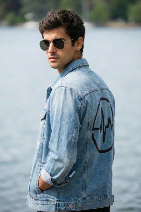 nano banana pro prompts: { "image_type": "photograph", "orientation": "portrait", "composition": { "framing": "medium shot from mid-torso up", "camera_angle": "slightly rear three-quarter angle", "subject_position": "center-left frame", "pose": "body facing away from camera, head turned left over shoulder", "visual_flow": "back logo draws focus, gaze leads toward left horizon" }, "subject": { "gender_presentation": "masculine", "age_range": "young adult", "build": "lean to athletic", "facial_features": { "jawline": "defined", "facial_hair": "short stubble beard", "expression": "neutral to contemplative" }, "hair": { "style": "thick, voluminous, swept back", "texture": "wavy", "color": "dark brown" }, "eyewear": { "type": "sunglasses", "style": "aviator", "lens_color": "green-tinted", "frame_material": "thin metal" } }, "wardrobe": { "primary_garment": { "type": "denim jacket", "wash": "light blue", "fit": "relaxed", "details": { "stitching": "visible contrast seams", "sleeves": "slightly rolled", "back_graphic": { "shape": "large circular emblem", "color": "black", "design": "stylized heartbeat line forming letters", "finish": "matte print" } } } }, "environment": { "setting": "open outdoor landscape", "background": "calm body of water with distant horizon", "location_type": "natural, minimalistic", "distractions": "none" }, "lighting": { "type": "natural daylight", "direction": "side-lit from left", "quality": "soft", "contrast": "moderate", "shadows": "gentle, natural falloff" }, "color_palette": { "dominant_colors": [ "light blue", "soft gray", "black" ], "accent_colors": [ "olive green", "skin tones" ], "overall_tone": "cool and muted" }, "depth_of_field": { "background": "slightly blurred", "subject_focus": "sharp", "lens_character": "moderate focal length portrait lens" }, "mood": { "emotional_tone": "confident, introspective, modern", "aesthetic": "lifestyle fashion editorial" }, "technical_characteristics": { "sharpness": "high on subject", "grain": "minimal", "dynamic_range": "balanced highlights and shadows", "post_processing": "subtle contrast and clarity enhancement" }, "style_recreation_tags": [ "modern menswear", "fashion editorial", "minimalist outdoor portrait", "denim lifestyle", "cool-toned cinematic look" ] }