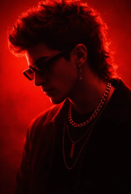 nano banana pro prompts: {A hyper-realistic, 8k cinematic close-up profile portrait of a stylish young man [ 100% real face from uploaded image ] with a dark messy hair styled in a modern mullet and a sparse goatee. He is wearing thick-rimmed, rectangular black sunglasses and looking slightly downward with a moody, introspective expression.
Accessories & Attire:
He is accessorized with a dangling silver earring, a thick silver link chain necklace, and a longer, thinner chain necklace featuring a blade pendant. He is dressed in a dark, textured black jacket that blends into the shadows.
Lighting & Color Palette:
The scene is dominated by intense, saturated monochromatic red lighting. A strong red backlight creates a dramatic silhouette and rim lighting effect on his profile and curls, while the background is a glowing, solid deep crimson. The lighting creates high-contrast chiaroscuro shadows on his face, obscuring details in mystery while highlighting the texture of his hair and jewelry.
Style & Technical Specs:
Hyper-detailed, photorealistic, 8k resolution, cinematic studio photography, music video aesthetic, edgy high-fashion editorial style, sharp focus, dramatic atmosphere, volumetric lighting, deep shadows, moody and intense.}