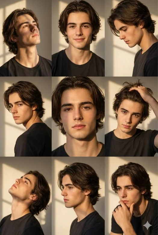 nano banana pro prompts: {
  "image_generation": {
    "face": {
      "preserve_original": true,
      "reference_match": true,
      "description": "Maintain the same facial structure, skin tone, eye shape, and natural expressions across all frames, with consistent identity in each pose."
    },
    "photo_style": {
      "type": "golden hour portrait collage",
      "camera_angle": "varied close-up and medium portrait angles",
      "lighting": "warm golden hour sunlight casting soft window shadows",
      "mood": "soft, calm, intimate, aesthetic",
      "texture": "natural skin texture, soft highlights, gentle contrast",
      "focus": "sharp focus on face with smooth background falloff"
    },
    "subject": {
      "gender": "male",
      "age": "young adult",
      "poses": [
        "looking upward toward light",
        "soft smile facing camera",
        "side profile with downward gaze",
        "over-the-shoulder glance",
        "direct close-up with relaxed lips",
        "hand in hair casual pose",
        "head tilted back toward light",
        "clean side profile portrait",
        "thoughtful pose with hand near chin"
      ],
      "expression": "natural, minimal, relaxed, emotionally subtle",
      "hair": {
        "style": "long straight hair worn loose",
        "color": "light to medium brown",
        "details": "natural shine with soft light highlights"
      },
      "clothing": {
        "type": "casual minimalist outfit",
        "details": "simple dark t-shirt with no visible branding"
      }
    },
    "composition": {
      "layout": "3x3 grid collage",
      "consistency": "uniform lighting and background across all frames",
      "framing": "clean portrait framing with slight pose variation"
    },
    "environment": {
      "setting": "indoor space near a window",
      "background": "plain wall with warm sunlight and shadow patterns",
      "atmosphere": "quiet, minimal, artistic indoor ambiance"
    },
    "aesthetic": {
      "style": "Instagram aesthetic portrait set",
      "features": [
        "golden hour light",
        "window shadow patterns",
        "minimal makeup",
        "natural expressions",
        "clean editorial portrait look"
      ]
    }
  }
}