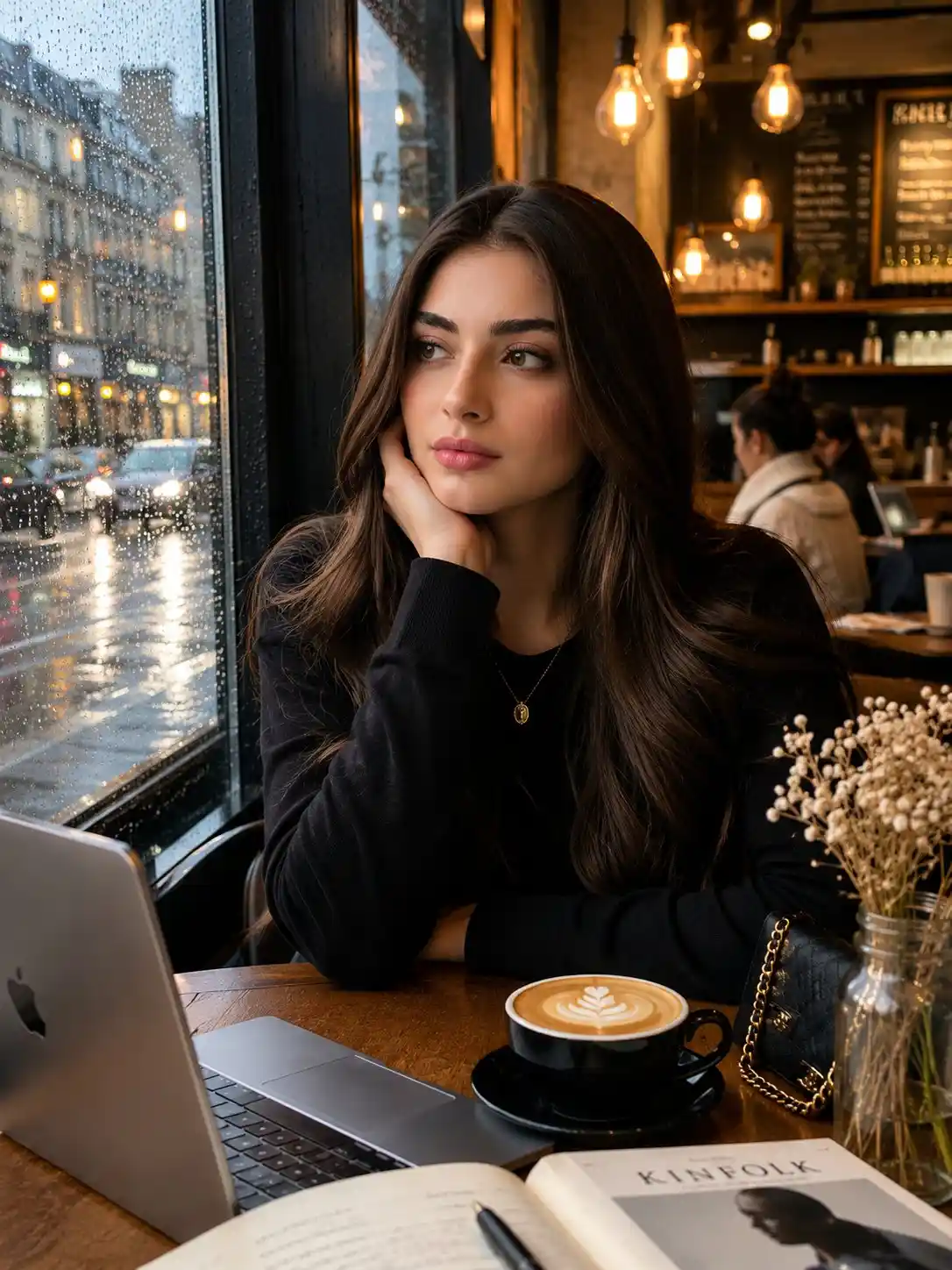 trend prompt: A beautiful young woman working alone in a cozy café on a rainy afternoon. Sitting beside a large window covered with raindrops, looking thoughtfully outside at the wet city streets and blurred headlights. Warm golden café lighting, soft bokeh, wooden tables, books, laptop open in front of her, freshly made latte with latte art on the table. Outfit: simple black oversized sweater, minimal gold necklace, natural hair, no makeup-heavy look, modest and elegant style. Mood: calm, reflective, productive, "main character energy." She is not looking at the camera, lost in thought while watching the rain outside. Photography style: authentic iPhone 16 Pro photo, candid shot taken by a friend, realistic colors, natural skin texture, shallow depth of field, cinematic but believable, cozy coffee shop atmosphere, rainy-day aesthetic, lifestyle photography, not AI-looking. Environment: warm hanging lights, blurred customers in the background, rain-covered glass window, reflections on wet streets, European city vibe, inviting coffee shop interior. Ultra-realistic, photorealistic, lifestyle influencer aesthetic, cozy productivity, natural lighting, HDR, 8K, magazine-quality photography.