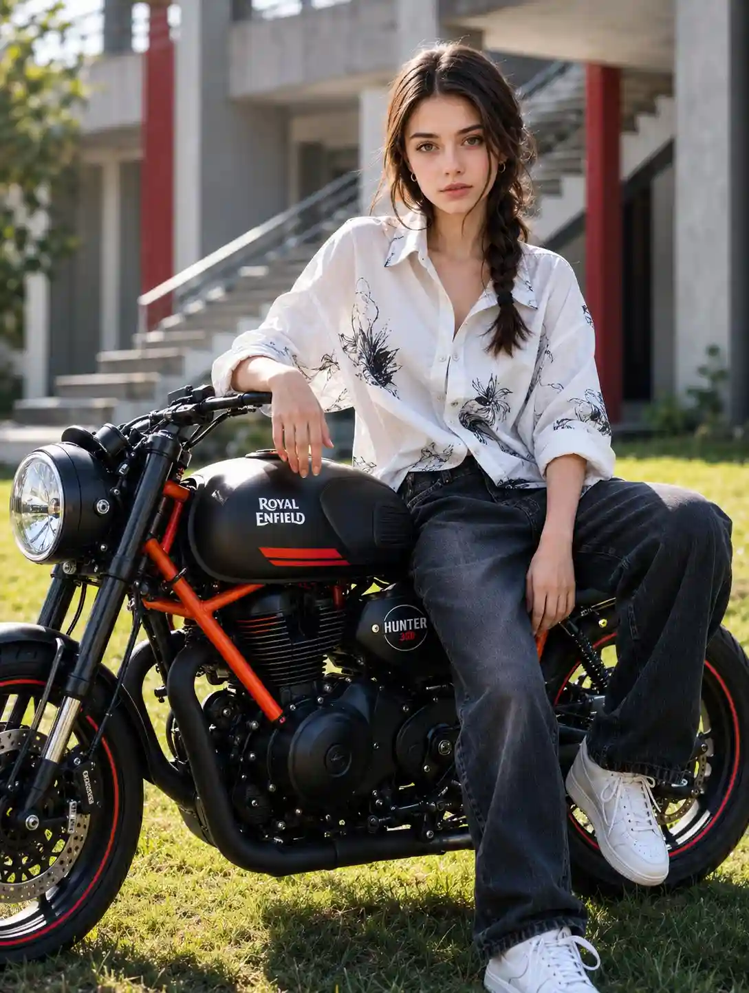 trend prompt: A high-quality professional outdoor photograph featuring the woman from image_0.png, with her exact face, smile, and intricate braided hairstyle, confidently seated on a Royal Enfield Hunter 350 motorcycle. She wears an oversized casual white patterned button-up shirt and dark baggy jeans. The motorcycle is matte black with red accents and features its distinctive bright orange trellis frame. It has no mirrors, back guard, or stand.The bike is parked on a lush patch of grass in front of a modern grey and white concrete building with red accent pillars and outdoor stairs. Natural daylight, medium shot capturing the rider and bike clearly. The background is slightly blurred.