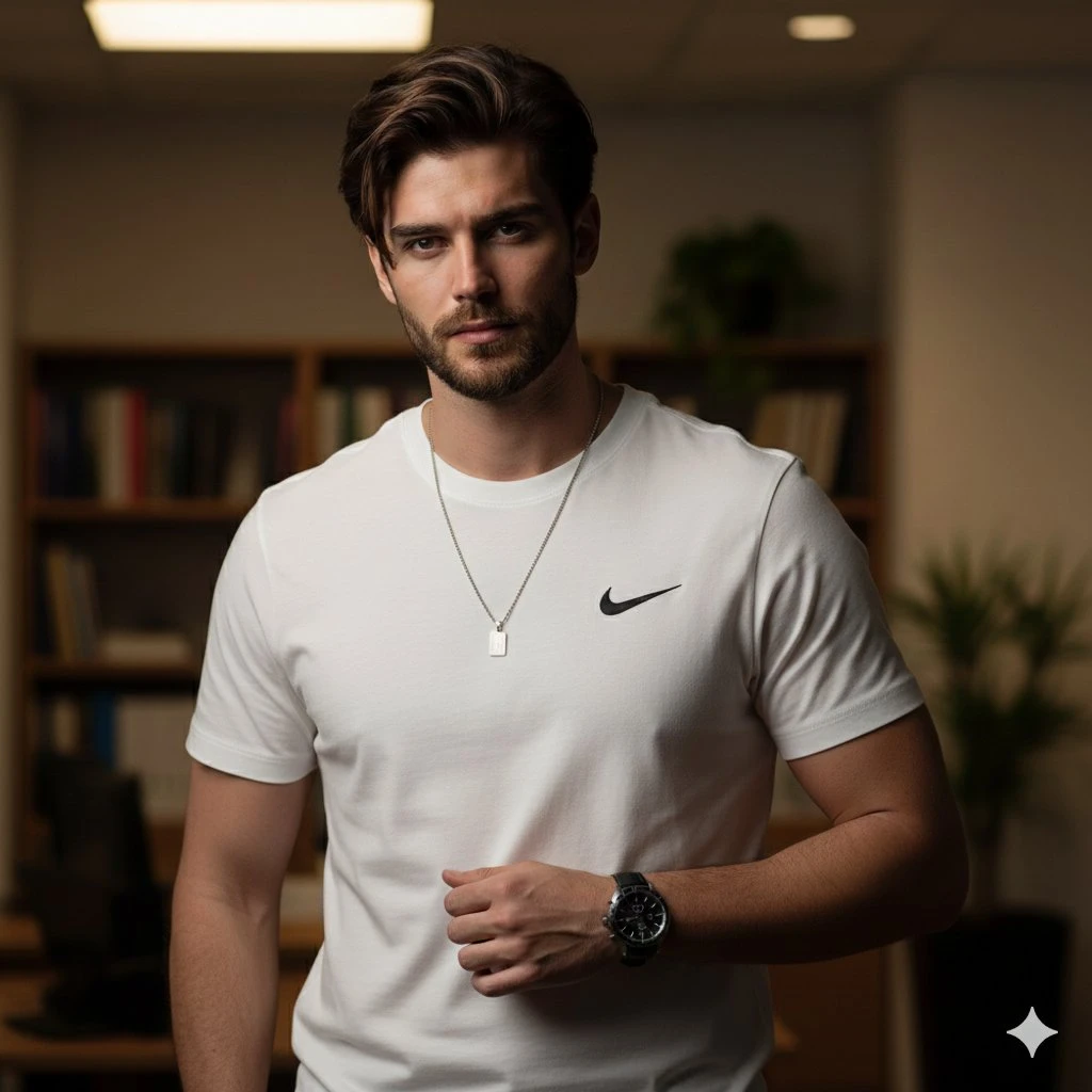 trend prompt: A medium shot of a handsome man with styled brown hair and a neat beard, looking directly at the camera with a confident expression. He is wearing a clean white t-shirt featuring a small black swoosh logo on the left chest, a simple silver chain necklace with a small rectangular pendant, and a dark luxury watch on his wrist. The background is a softly blurred office or study room with warm indoor lighting, showing hints of a wooden bookshelf and potted plants. Photorealistic, soft depth of field, high detail, studio lighting.