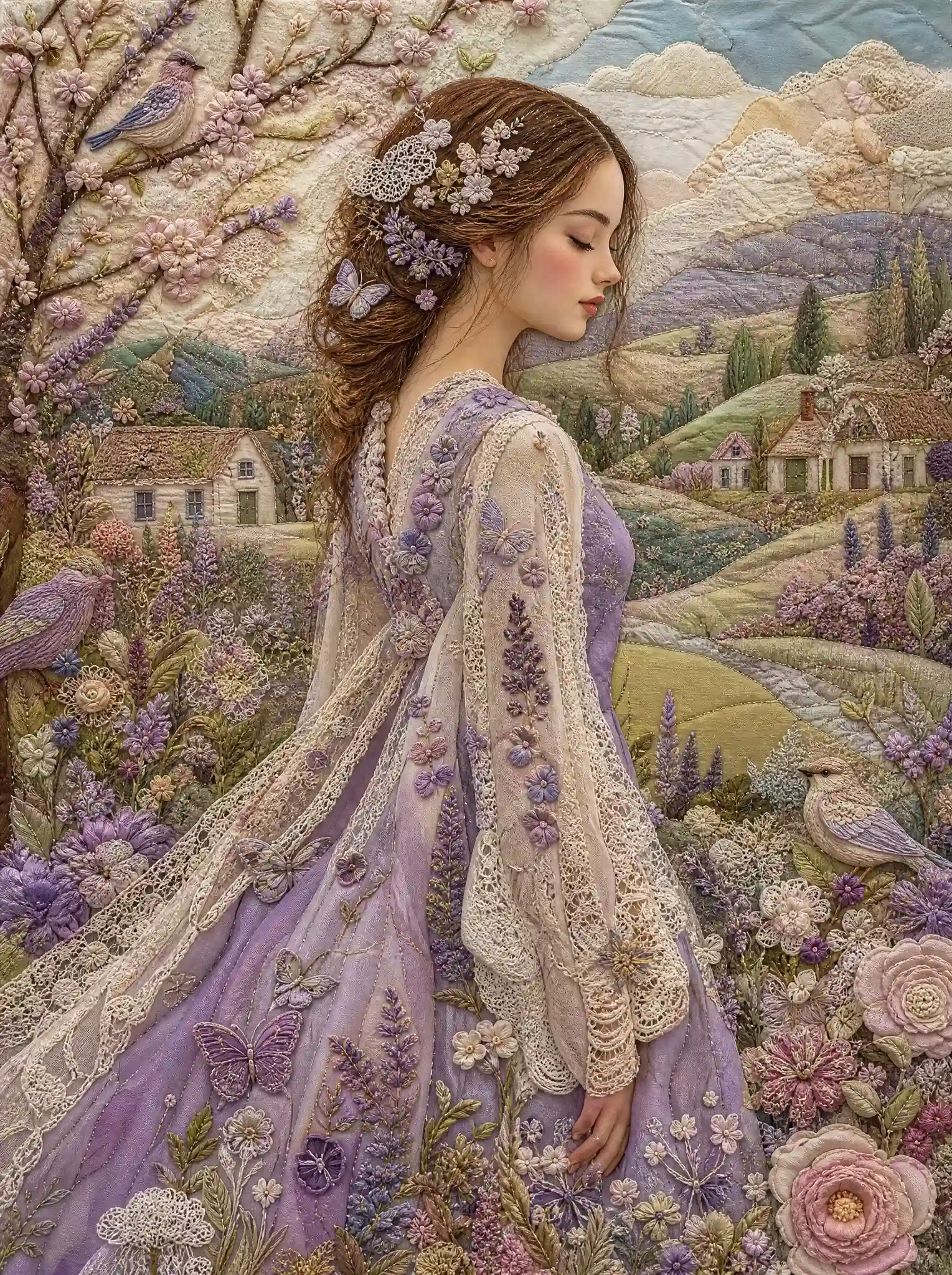 trend prompt: Create an enchanting ultra-detailed textile fantasy artwork that looks entirely handcrafted from luxurious fabrics, embroidery, lace, wool, silk, felt, and needlework. A graceful young woman in profile stands in a dreamy countryside landscape. She wears a flowing lavender dress adorned with delicate embroidered flowers and butterflies, layered with intricate ivory lace. **Style:** luxury textile art, fabric collage masterpiece, embroidery illustration, needle-felted fantasy art, handcrafted couture artwork, mixed textile media, fairy-tale elegance, romantic folk art. **Composition:** vertical portrait composition, elegant woman in side profile with eyes closed, surrounded by blooming wildflowers, rolling hills, flowering trees, tiny countryside cottages, soft clouds, and delicate birds. **Materials & Texture:** every element created from fabric, embroidery threads, lace, felt, wool, stitched appliqué, crochet details, hand-sewn textures, layered textiles, visible stitching, dimensional handcrafted appearance. **Color Palette:** lavender, lilac, blush pink, soft sage green, ivory cream, warm beige, pastel violet, muted gold accents. **Environment:** dreamlike spring countryside, flowering meadows, blooming trees, patchwork hills, whimsical village, birds resting among flowers, magical pastoral scenery. **Lighting:** soft diffused daylight, gentle glow, dreamy atmosphere, delicate highlights on fabric textures. **Mood:** peaceful, romantic, feminine, magical, nostalgic, fairytale-like, poetic and serene. **Details:** flawless delicate face, luxurious lace patterns, embroidered butterflies, textured flowers, handcrafted birds, richly detailed textile landscape, premium artisanal craftsmanship. **Quality:** masterpiece, museum-quality textile artwork, ultra-detailed embroidery illustration, luxury handcrafted design, extraordinary texture depth, highly intricate needlework, 8k resolution, no text, no watermark, no frame.