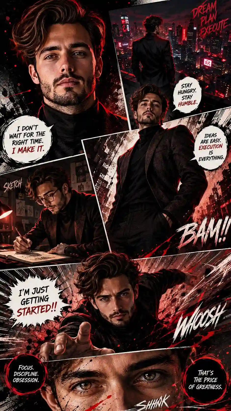 trend prompt: "Create a full-page ultra-detailed colored manga illustration based on the provided reference photo. Preserve the exact facial identity, hairstyle, beard, glasses, expression, and overall aura of the person. Use an authentic Japanese manga page composition with 5-7 dynamic interconnected panels flowing cinematically across the page. Style should feel like a premium modern seinen manga mixed with high-fashion action comic aesthetics.\n\nThe character wears a luxurious black textured blazer over a black turtleneck with dramatic red rim lighting and deep cinematic shadows. Atmosphere is dark, intense, stylish, ambitious, and energetic.\n\nInclude multiple dynamic scenes:\n- extreme close-up portrait with confident expression\n- rooftop city scene overlooking a neon-lit cyberpunk skyline\n- dramatic standing hero pose with strong perspective\n- creative workspace sketching scene with cinematic desk lighting\n- intense action panel where the character lunges toward the camera with explosive energy\n- close-up eye panel with emotional focus and determination\n\nAdd authentic manga elements:\n- speed lines\n- impact frames\n- halftone textures\n- rough ink sketch lines\n- ink splatter brush strokes\n- graffiti-inspired paint effects\n- cinematic panel transitions\n- hand-drawn imperfections\n- white negative space mixed with chaotic black ink textures\n- expressive handwritten dialogue bubbles\n- English comic-style sound effects like 'BAM!!', 'SKETCH', 'WHOOSH', 'SHHNK'\n\nDialogue and typography should feel motivational, cinematic, and stylish. Include phrases like:\n- 'I DON'T WAIT FOR THE RIGHT TIME. I MAKE IT.'\n- 'STAY HUNGRY. STAY HUMBLE.'\n- 'IDEAS ARE EASY. EXECUTION IS EVERYTHING.'\n- 'I'M JUST GETTING STARTED!!'\n\nUse vibrant manga-style coloring with strong black-and-red contrast, glowing energy streaks, atmospheric lighting, cinematic depth, and emotional intensity. Blend clean polished rendering with raw hand-drawn manga textures. The page should feel immersive, emotional, rebellious, ambitious, and visually explosive.\n\nProfessional manga illustration aesthetic, highly detailed, dynamic composition, anime-comic fusion, editorial fashion energy, dramatic storytelling, cinematic framing, HD quality.", "negative_prompt": "low quality, blurry face, extra fingers, bad anatomy, distorted eyes, duplicate panels, weak composition, flat lighting, washed colors, cartoonish proportions, generic comic layout, messy text, watermark, logo, cropped head, deformed hands, unrealistic facial features, low detail", "style": "cinematic colored manga, seinen manga, anime-comic fusion, high-fashion cyberpunk manga", "aspect_ratio": "9:16", "quality": "HD", "lighting": "dramatic cinematic red and black lighting with rim light and high contrast shadows", "camera": "dynamic perspectives, close-up shots, low-angle hero framing, action camera motion", "color_palette": [ "black", "deep crimson red", "white", "dark gray", "neon red highlights" ] }