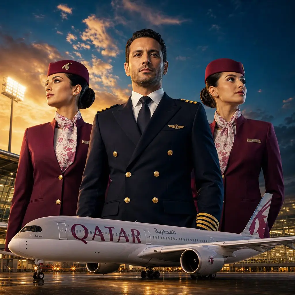 trend prompt: Ultra realistic commercial airline advertisement editorial styled like a bold sports campaign poster featuring three QATAR AIRWAYS crew members in a heroic half-body crop, rising dramatically from the lower frame, shot straight-on slightly below eye level, 4:5 vertical. Center: a male pilot in a dark navy double-breasted blazer with gold captain epaulettes and gold buttons, navy tie, direct forward gaze, intense expression. Flanking him symmetrically: two female flight attendants in identical deep magenta-purple fitted blazer uniforms with gold buttons, matching magenta pillbox hats with small gold phoenix pins, white floral-patterned silk neckerchiefs, pearl stud earrings both with composed off-camera gazes in opposite directions. Subjects visible from chest/waist up only, cut off at the bottom of frame for maximum graphic impact. In the lower foreground: a white commercial aircraft fuselage with QATAR AIRWAYS/g ünh branding in magenta and the geometric pink logo on the tail. Background: deep teal-blue dusk sky with dramatic golden-orange backlit clouds, modern glass airport terminal and warm stadium floodlights on the left. Lighting is cinematic dramatic: strong warm amber key from left, cool blue hour fill, deep rich shadows, prestige color grade teal and orange complementary palette. Graphic sports-campaign poster composition, bold and aspirational, tack-sharp on all three subjects, 4:5 vertical.
