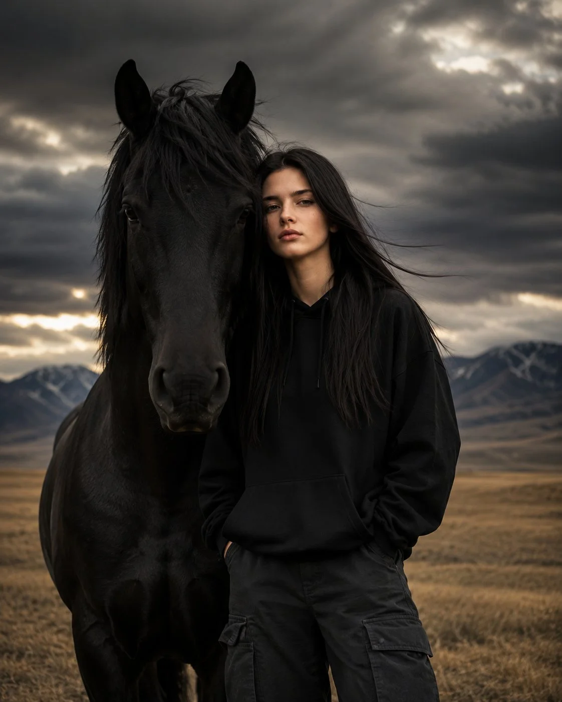 trend prompt: A cinematic editorial portrait of a mysterious young woman with long straight black hair standing closely beside a majestic black horse in a vast open steppe, both facing forward with a calm, powerful, almost mythical presence, the woman wearing an oversized black hoodie and dark cargo pants with hands in her pockets, pale natural skin, sharp delicate features, intense gaze, strands of hair softly moving in the wind, the horse's deep black coat catching subtle highlights, dramatic storm clouds gathering across the sky, distant mountains fading into soft haze, dry golden grass stretching endlessly around them, evoking solitude, strength, elegance, and an unspoken bond between human and animal, captured in moody late afternoon light, shot with a Sony A7R IV, 85mm f/1.4 lens, ultra realistic detail, shallow depth of field, rich blacks, muted earth tones, cinematic contrast, breathtaking photorealism