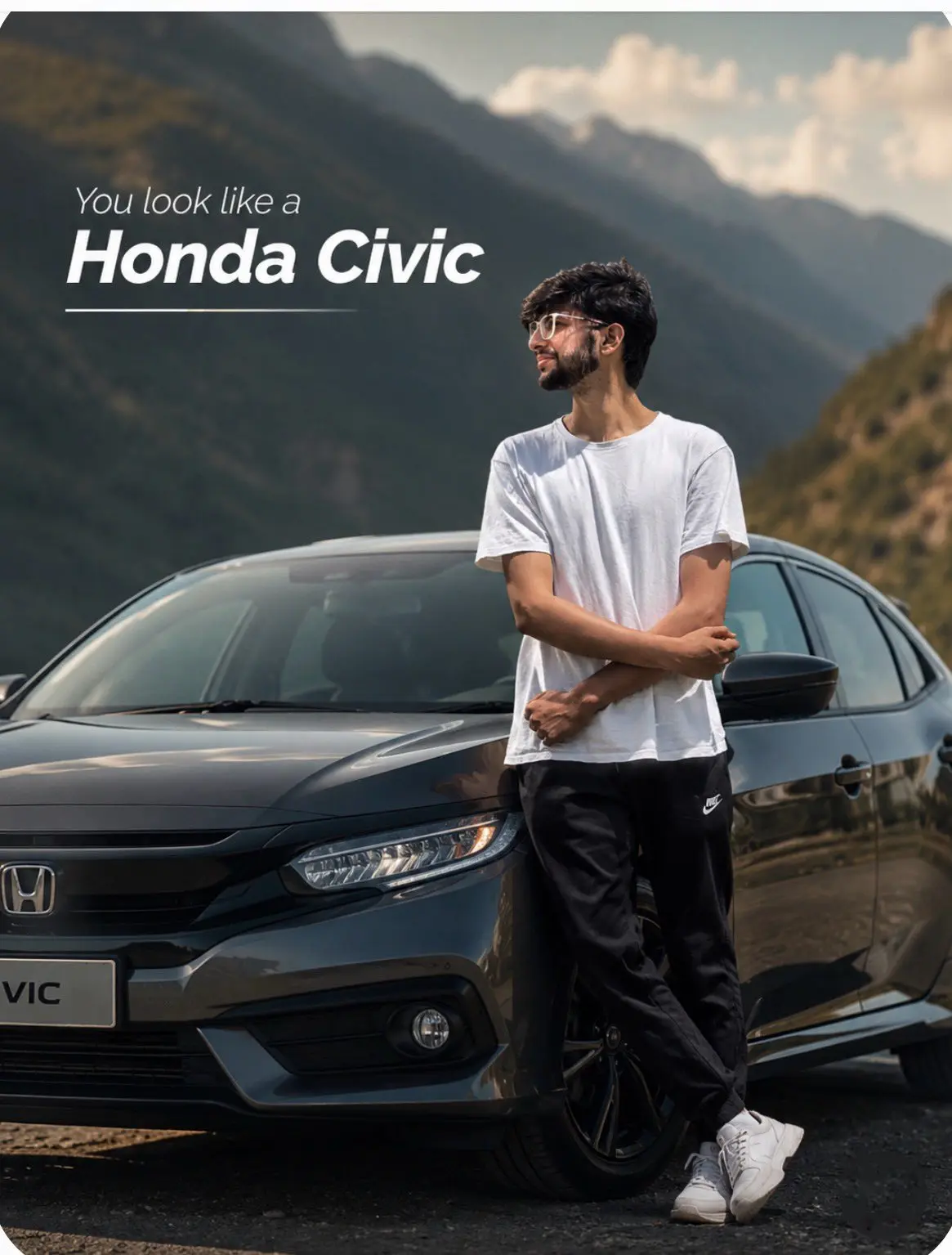 trend prompt: Analyze the person in the photo (facial features, expression, style, physique, pose, overall vibe). Select a real-world car that matches them based on associations such as character, style, energy, shape, and mood (it doesn't have to be expensive or an obvious choice, but it must be an actual model). Generate an advertising-style photo showing the person standing next to the selected car. Maintain their recognizable appearance and clothing style. The image style should be a cinematic automotive photoshoot: premium lighting, realism, soft color grading, and striking reflections. Avoid caricatures or distortions. Add a short caption: "You look like a [make and model]" or "If you were a car, you'd be a [model]."