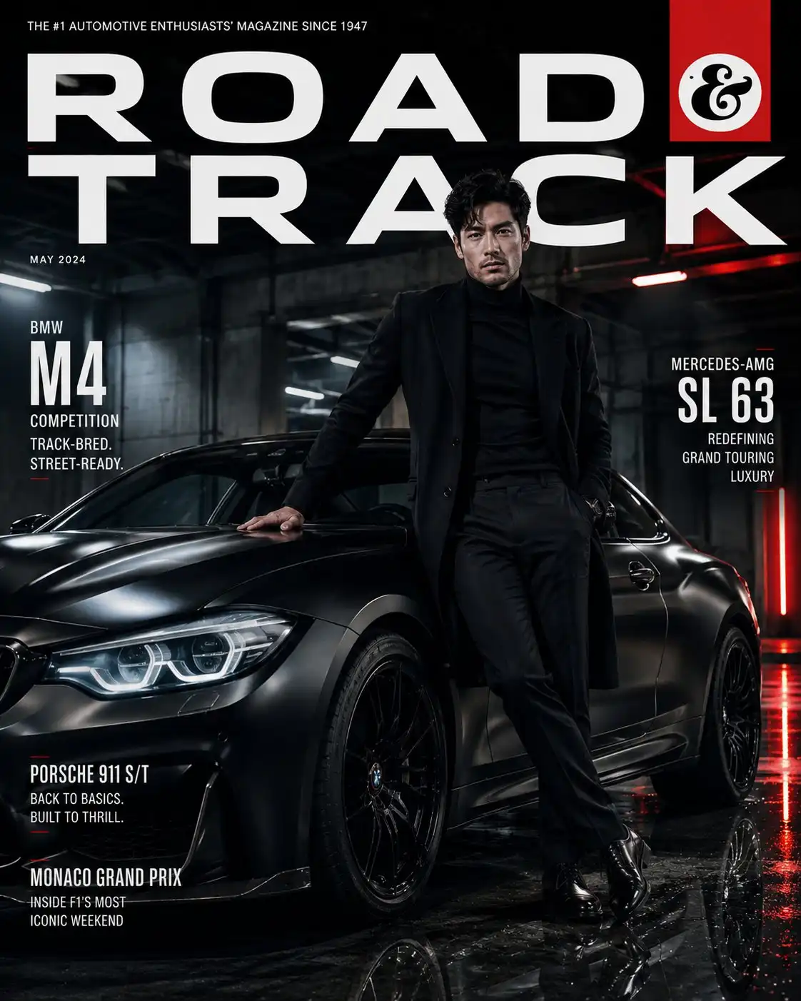 trend prompt: Ultra-realistic automotive lifestyle magazine cover featuring a charismatic Korean man standing beside a glossy matte-black luxury sports coupe in a moody underground parking garage. He is wearing a tailored black wool overcoat layered over a fitted black turtleneck, black trousers, and polished leather Chelsea boots. One hand is tucked into his pocket while the other rests confidently on the car's roofline. Strong editorial gaze directed at the camera, sharp jawline, neatly styled textured hair slightly moved by the wind, subtle stubble, sophisticated masculine presence. Background: dramatic underground parking garage illuminated by overhead spotlights, neon red and blue accent lighting reflecting across the wet concrete floor and the car's sculpted bodywork. Cinematic shadows, luxurious atmosphere, premium automotive photography aesthetic. "ROAD & TRACK" masthead in bold modern sans-serif typography with realistic automotive spec callouts and magazine cover elements. 35mm lens, ultra-detailed metallic reflections, impeccable paint finish, shallow depth of field, cinematic contrast, luxury editorial composition, 8K hyper-realistic automotive magazine photography. Negative: cartoon, blurry, low resolution, fake car proportions, watermark, distorted reflections, extra limbs, duplicate body parts, unrealistic hands, oversaturated colors, text artifacts, poorly rendered vehicle details.