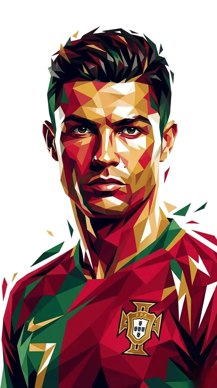 trend prompt: Using the attached photo as facial reference, recreate the likeness in the following style Geometric low-poly portrait illustration, faceted polygon artistic style, bust portrait of a male athlete, three-quarter front view, direct and intense gaze. STYLE: Low-poly vector triangulation, defined angular facial planes constructed from large polygonal facets with flat shading, high-contrast color blocks, no smooth gradients except within individual facets, modern sports poster aesthetic. COLOR PALETTE: Color palette based on the reference image, color areas that follow facial contours and the logic of light and shadow rather than realistic skin tones. FACIAL CONSTRUCTION: Angular polygonal fragments forming the brow ridge, cheekbone, jawline, and bridge of the nose; defined rhomboid highlights on the forehead and cheeks; short, textured, triangular hairstyle in dark tones with directional tips. COMPOSITION: Close-up of the bust, from mid-chest upwards. The subject wears a sports T-shirt made of faceted polygons with space reserved for the logo and angular details on the sleeves. Fragments of polygons detach from the edges of the silhouette, creating negative space (shoulders, hair, T-shirt collar) that adds dynamism. BACKGROUND: Pure flat white, without texture, allowing the fragments to float in the negative space. DIRECTION: No outlines, polygon faces with flat shading converging into defined edges, crisp and clean vector edges, no anti-aliasing. RENDERING QUALITY: Crisp vector illustration, ultra-clean edges, poster resolution, flat 2D illustration (not 3D rendered).