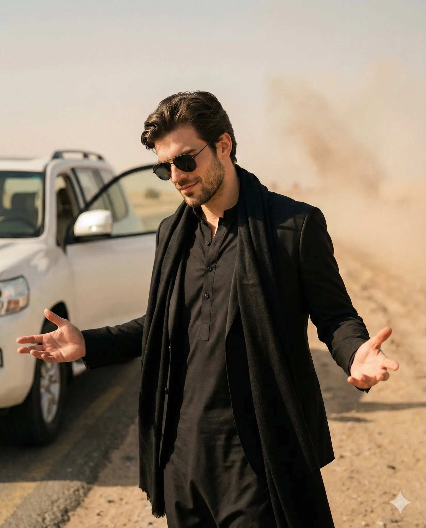 nano banana pro prompts: Create with Nano Banana Via Gemini App.
.
.
Transform my uploaded photo into an ultra-realistic cinematic film still while preserving my exact identity (same facial structure, age, skin texture, hairstyle; no beautification; no face change).
Scene: dusty desert roadside with soft beige haze; a white SUV on the left with the door open behind me.
Wardrobe: all-black layered outfit — black kurta with buttons, black blazer/coat, and a black scarf/stole draped around the neck.
Accessories: dark aviator sunglasses, symmetric fit, realistic lens reflections.
Pose/expression: confident smirk, head slightly down and turned; both arms open outward with palms up; hands anatomically correct.
Lighting: warm daylight, gentle contrast, soft shadows, subtle film grain; cinematic color grading.
Camera: medium shot, slightly low angle, shallow depth of field; face tack-sharp, background softly blurred.
Output: Instagram feed portrait, 4:5 aspect ratio, 1080×1350, high detail.
Constraints: no text, no logos/brands, no watermark, no extra fingers, no warped hands, no duplicate limbs, no plastic skin.