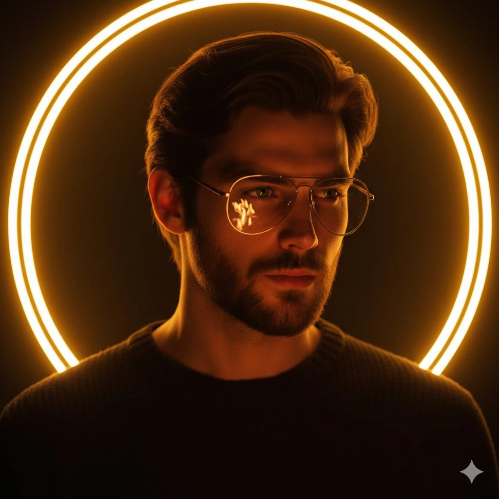 nano banana pro prompts: 
Cinematic portrait of a handsome young man with short styled hair and a trimmed beard, wearing thin metal aviator glasses, softly illuminated by a glowing golden circular halo behind his head. Warm amber lighting, dramatic low-key background, shallow depth of field, hyper-realistic skin texture, subtle reflections in the glasses, moody and futuristic aesthetic, studio photography, 85mm lens look, ultra-detailed, high contrast, dark minimal background, symmetrical composition, elegant and modern tone.