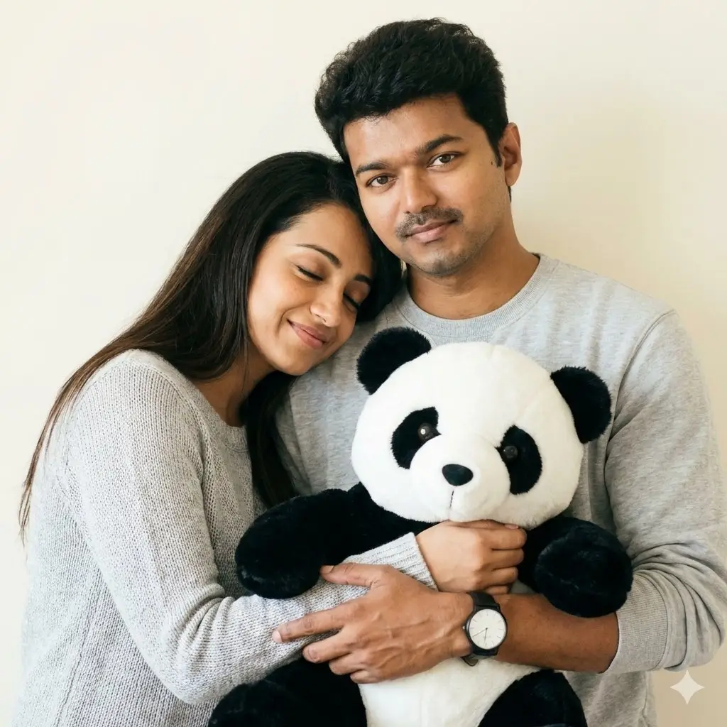 trend prompt: A soft, natural indoor portrait of a young couple standing close against a plain light wall. The woman, with long dark hair in a light gray knit sweater, smiles with eyes closed, resting her head on the man's chest. The man, in a light gray sweatshirt, looks ahead with a slight smile. They hold a large black-and-white plush panda together, and he wears a black wristwatch with a white face on his left wrist. Soft, even lighting creates a warm, intimate atmosphere.use the provided image as face references