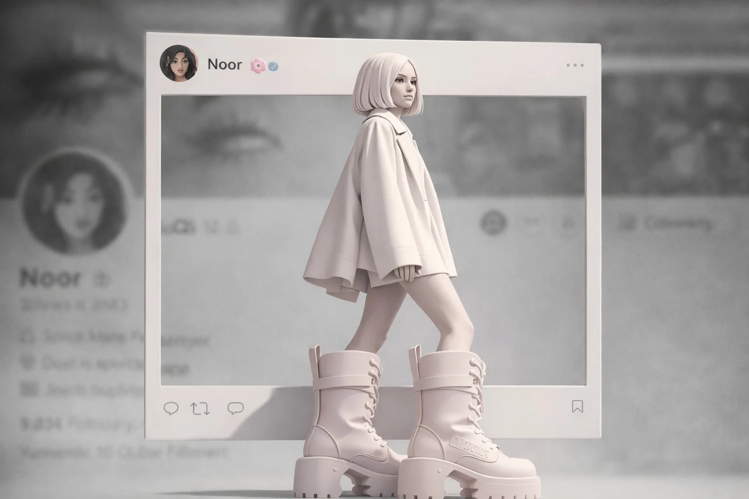 trend prompt: A vibrant, high-fashion 3D illustration of a stylized girl walking confidently out of a floating X (Twitter) post frame.
The girl has a soft pastel pink bob haircut, smooth skin, calm stoic expression, and elegant facial features. She is wearing an oversized orange-red minimalist coat with a flowing silhouette and chunky pastel-pink platform boots.
The composition is inspired by social-media editorial art — the character appears to step out of the post frame, breaking the boundary creatively.
Background features a blurred screenshot of an X profile layout used as an abstract texture, blended with a colourful gradient of warm orange, pink, and purple tones. The background is vibrant yet soft, with strong depth-of-field so the character remains the focus.
Lighting is soft studio lighting with smooth shadows and glossy highlights.
Mood is modern, confident, aesthetic, influencer-style, and premium.
Ultra-high-resolution 3D render, clean geometry, cinematic color grading, editorial fashion artwork, perfect for an X profile header.
