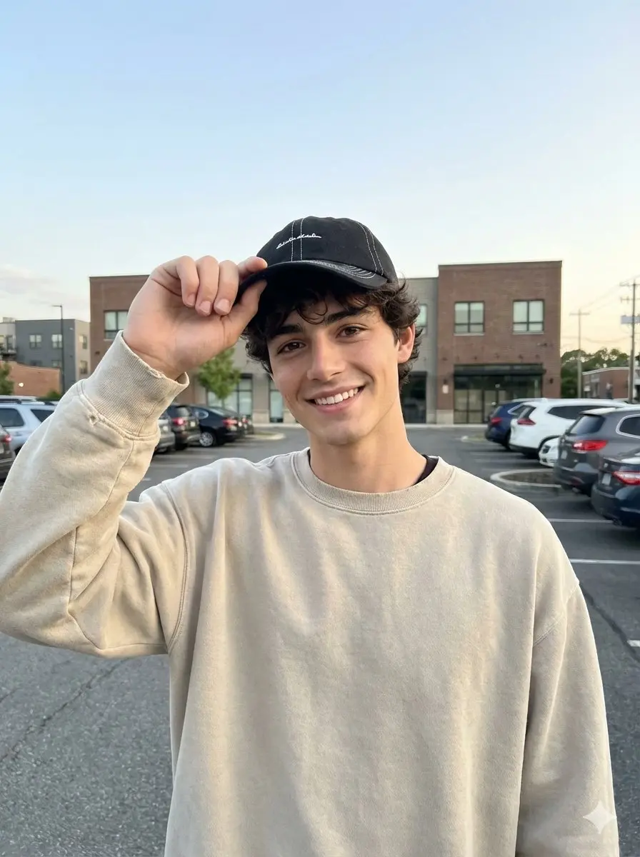 trend prompt: An amateur photo taken on an iPhone. Use the face from the uploaded photos as the ONLY and ACCURATE face reference keep the proportions of the face 1:1, accurate geometry, similarity, age and expression. Don't change your facial features by even 1%. No embellishments, no stylization. The scene: an outdoor parking lot near a low modern brick building, early evening soft sky, a few parked cars in the background, casual street atmosphere, slightly messy urban surroundings. Pose and action: the camera is slightly below eye level and close to the subject. The model is framed chest-up, centered, shoulders relaxed, body turned 3/4, head slightly tilted toward the camera, one hand lifting the brim of a black baseball cap, the other arm relaxed out of frame. Outfit: oversized light beige/cream sweatshirt with subtle worn texture, black baseball cap with small white stitching, no jewelry, no accessories. Emotions: a wide natural smile, friendly candid vibe. Lighting: soft natural daylight (late afternoon/early evening), gentle even shadows, no flash, natural contrast. Realistic skin: hyper-realistic skin texture, visible pores, barely noticeable imperfections, natural skin shine. Hair: natural growth line, a few stray hairs near the cap, realistic strands. Hands: natural skin texture, soft transitions of light on the knuckles, realistic nails. Camera and appearance: the photo was taken on an iPhone, amateur framing, slightly tilted horizon, RAW image, jpeg compression, moderate grain, natural color tones, no retouching, shallow depth of field. Ar 3:4.