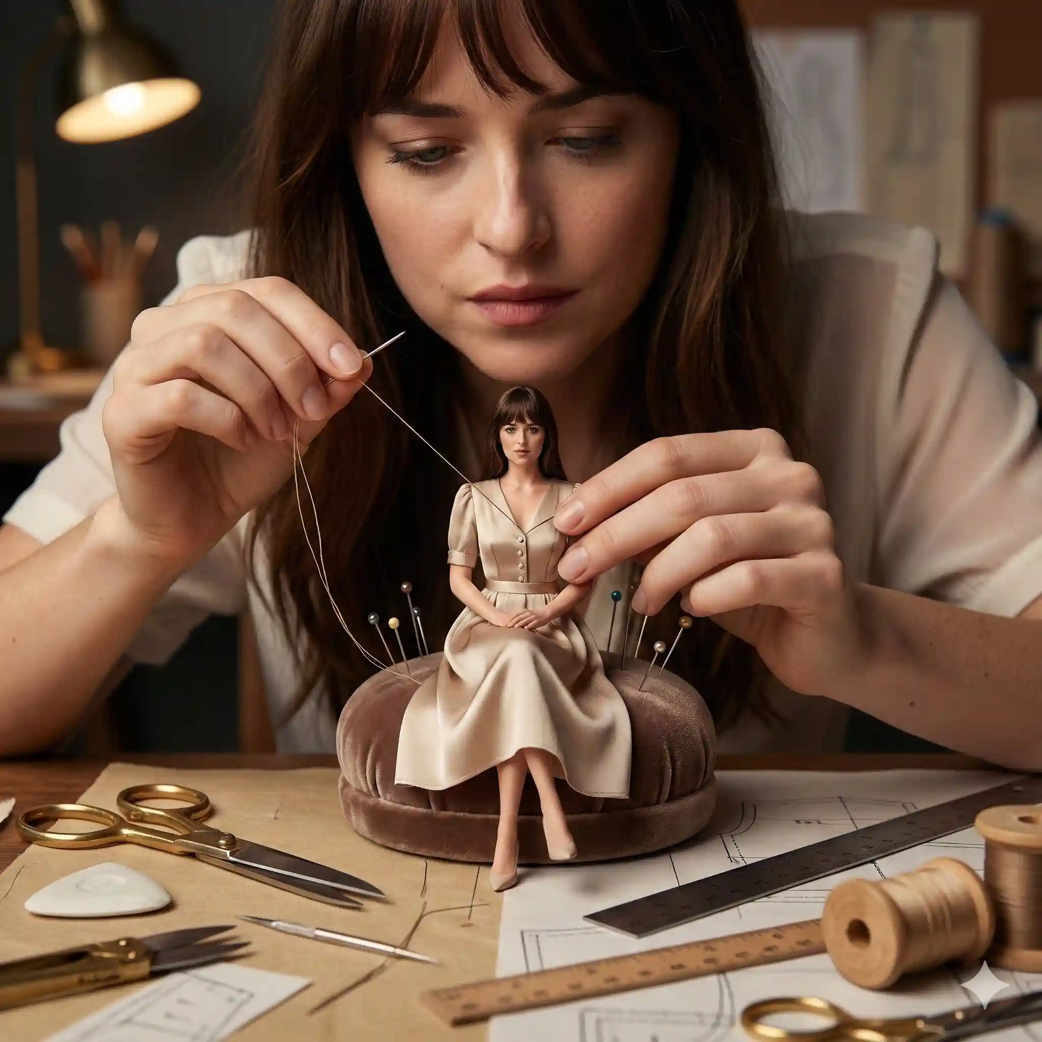 trend prompt: 
cinematic fashion studio scene of a woman hand-sewing a miniature dress worn by a tiny version of herself seated on a pin cushion.
She uses a fine needle and silk thread, concentrating intensely as fabric tension is adjusted.
The miniature garment features perfectly scaled seams, buttons, and lifelike fabric weight.
Workbench filled with miniature scissors, chalk, rulers, pattern papers, and thread reels.
Warm cinematic lighting reveals textile grain, skin pores, and metal reflections.
Macro depth of field, fashion editorial composition, ultra-photoreal realism, 8K quality.
Style: cinematic miniature tailoring realism, no cartoon, no CGI. 1:1.