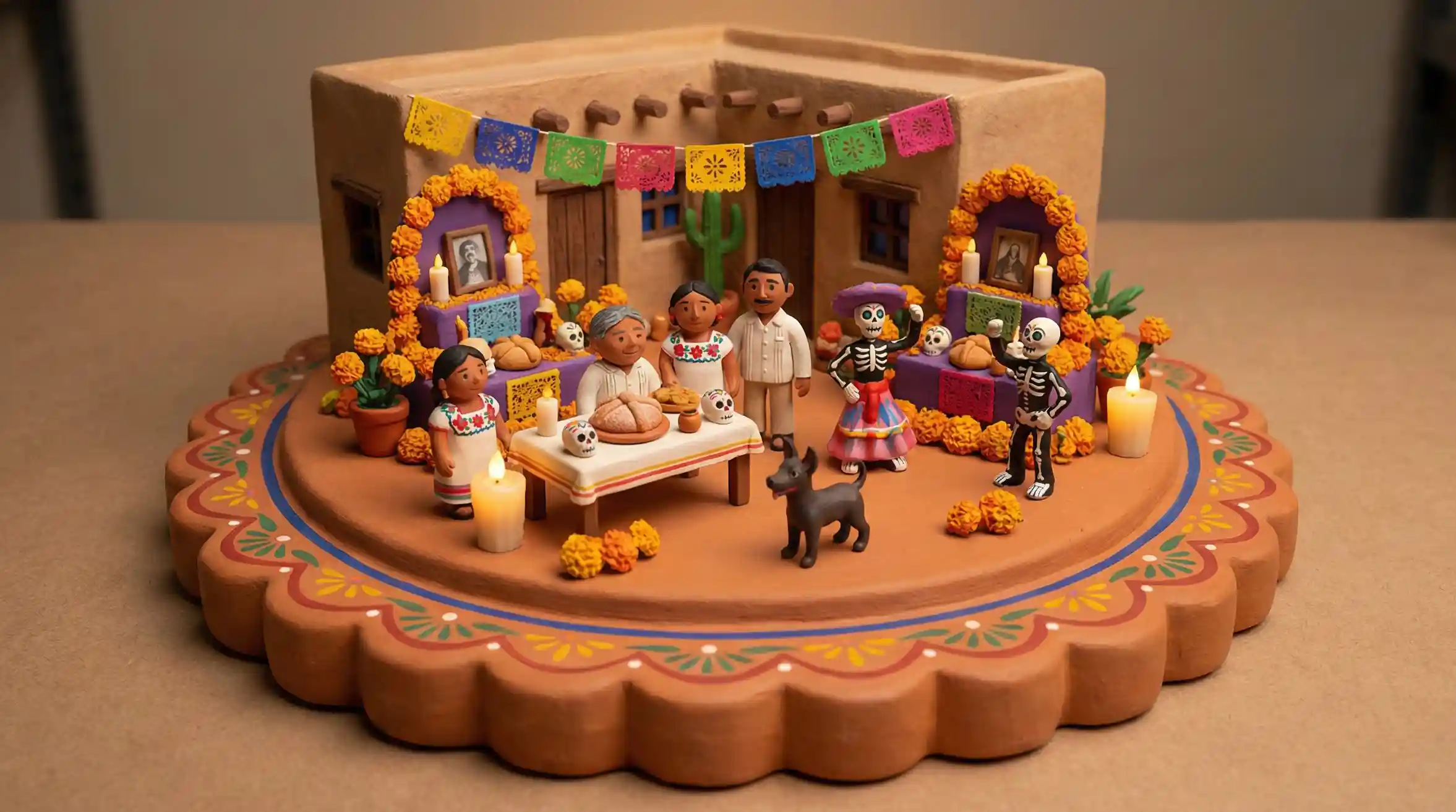 trend prompt: Tiny clay world depicting Día de los Muertos celebration in Oaxaca, Mexico. Features adobe home with courtyard with marigold-draped altar and papel picado banners, family in embroidered huipiles and guayaberas, pan de muerto and sugar skulls on offering table, painted calaca figurines dancing, and cempasúchil marigolds and hairless xoloitzcuintli dog. Diorama sits on a thick terracotta clay platform with scalloped edges painted in bright folk patterns. Three-quarter aerial view, Pixar-style clay render, cozy miniature scale, warm candlelit glow with orange marigold reflections, neutral background.
