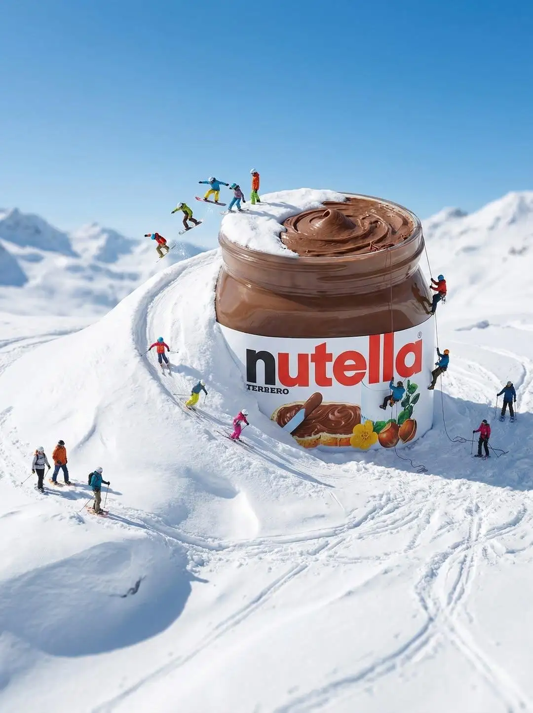 trend prompt: When winter meets indulgence, even mountains taste like Nutella
[PRODUCT NAME] is scaled up to gigantic size and partially buried in snow, becoming part of the landscape. The product looks highly realistic, with its original shape, texture, and branding preserved.
Around the product are miniature people (tiny people), dressed like extreme sports athletes or explorers. They use the product as part of the snowy terrain: skiing, running, sliding, climbing, or interacting with it as if it were a mountain or a track.
The snow is highly detailed and fluffy, with clear movement trails. Strong sense of motion: curved snow paths, a feeling of speed, and playful scale contrast. The atmosphere is whimsical, creative, and slightly magical.
Bright daylight, clear blue sky, high detail. Photorealistic product + miniature characters, cinematic advertising style, surreal realism, tilt-shift sense of scale.
No text, no logos over the scene, no UI elements