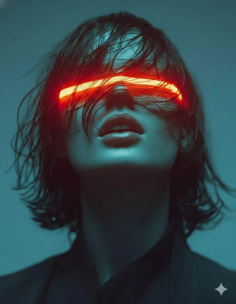 trend prompt: Low Angle: This creates that "heroic" or imposing feeling by looking up at the subject.
Teal and Orange: This is a classic cinematic color grading technique that makes the subject pop against the background.
Wet/Tousled Hair: Adds to the "gritty" and realistic texture of the image.
Neon Visor: Specifies that the light is the source of the glow, creating those realistic reflections on the nose and cheeks.