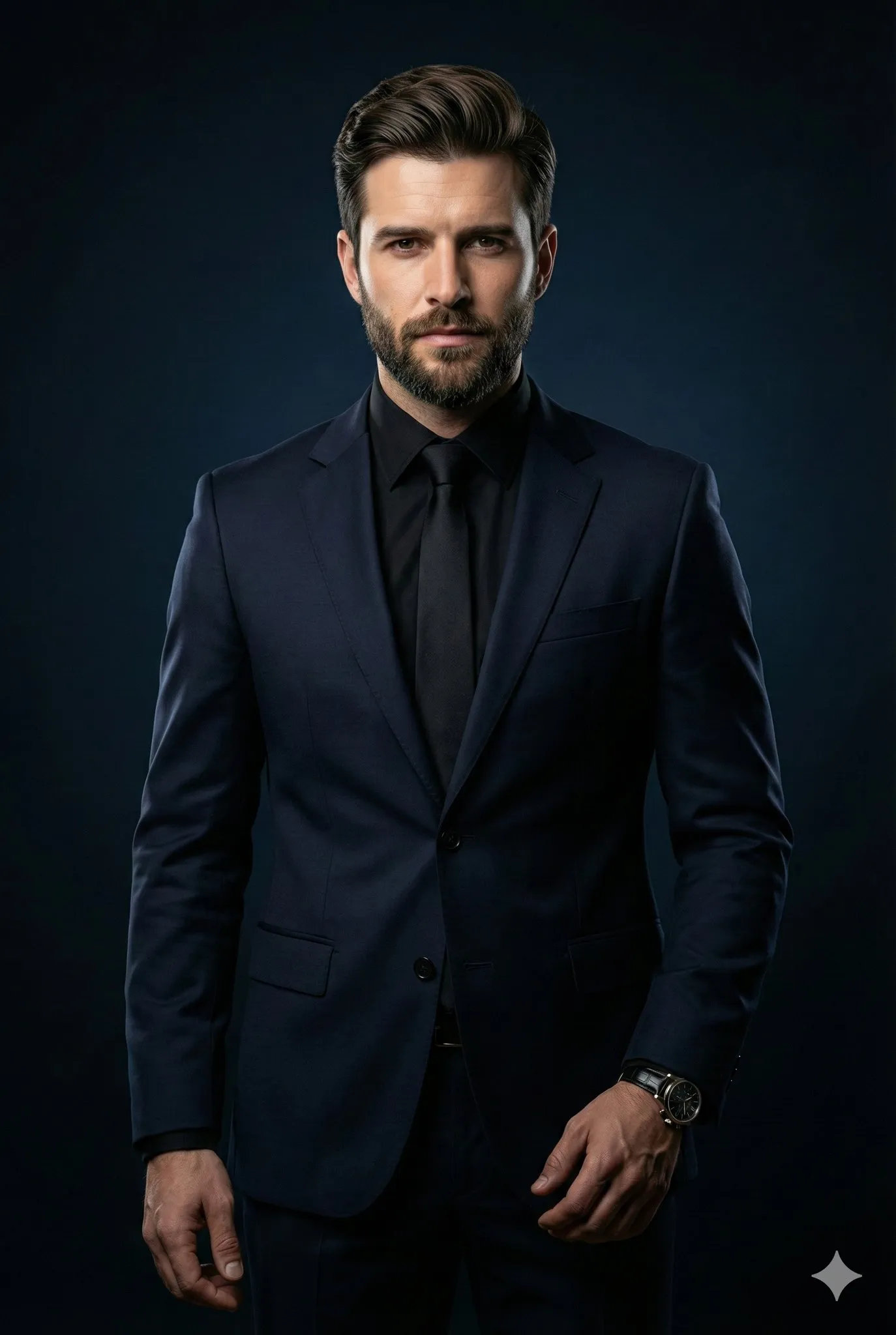 trend prompt: Ultra-realistic cinematic portrait of a confident middle-aged man with a full, well-groomed beard and neatly styled hair, wearing a tailored dark navy suit, black dress shirt, and black tie. Standing pose with one hand relaxed, subtle luxury wristwatch visible. Moody dark blue to black gradient background. Dramatic low-key studio lighting with soft key light on the face and subtle rim light outlining the shoulders. Sharp facial features, realistic skin texture, natural shadows, serious powerful expression. High-end corporate and luxury editorial photography style. Shot on a full-frame camera, 85mm lens, f/2.2, shallow depth of field, cinematic color grading, ultra-detailed, photorealistic, 8K quality.