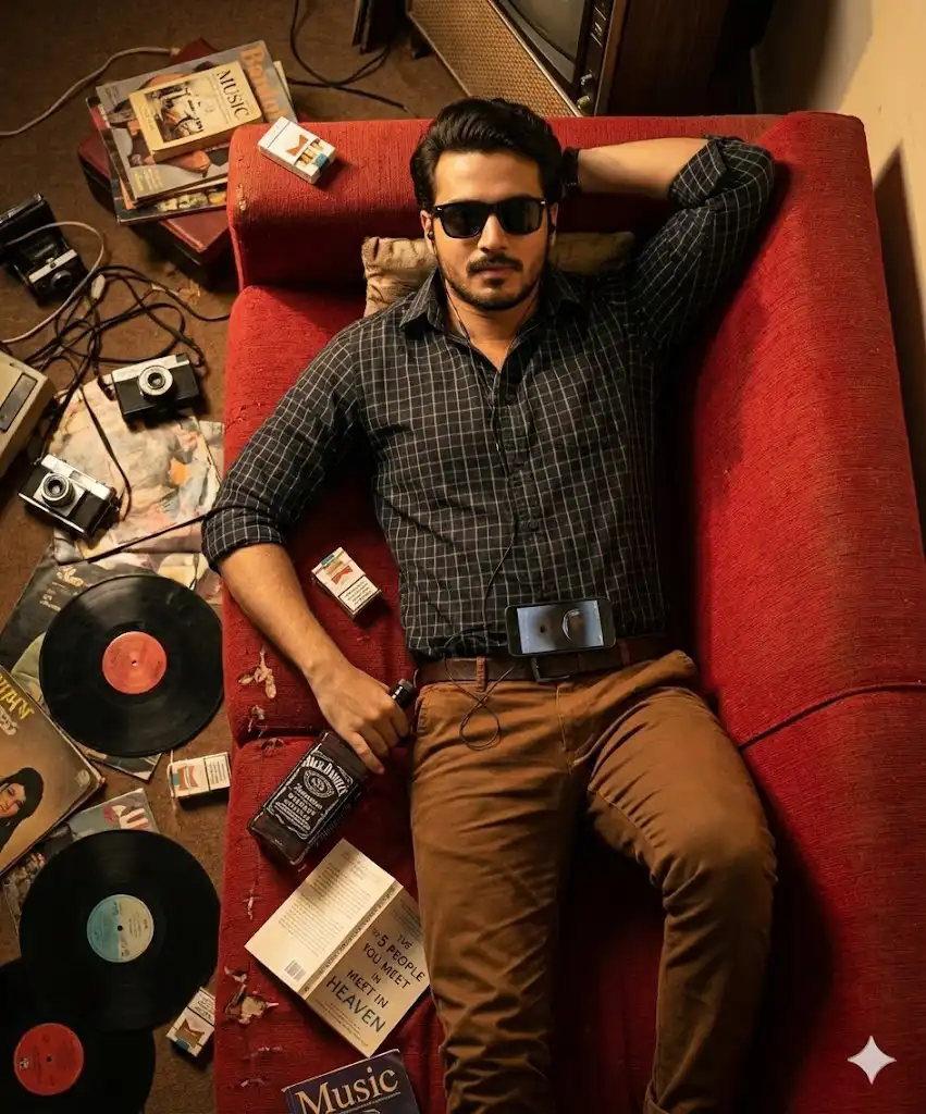trend prompt:
A cinematic overhead portrait of a man exactly in the image lying relaxed on a red couch, surrounded by a chaotic and stylish retro setup. He has thick wavy hair, wearing a dark checkered shirt, brown trousers, sunglasses, and earphones connected to a smartphone resting on his chest. His arm is resting top on a JD whiskey, including "The 5 People You Meet in Heaven" and "Music", with visible cigarette packs and vinyl records nearby. Use the provided image as face reference