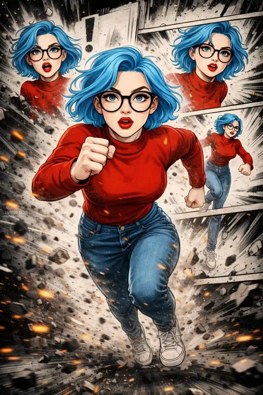 trend prompt:
A dynamic comic-book style action illustration of a young woman running powerfully toward the camera, cinematic perspective. She has short wavy blue hair, round black glasses, fair skin, and bold red lipstick.
She is wearing a red high-neck / turtleneck top and blue denim jeans, white sneakers.
Strong forward motion, clenched fist, intense determined expression.
Background is a black-and-white manga/comic explosion scene with flying debris, dust, sparks, speed lines, and shattered ground.
Multiple comic panels behind her showing the same girl in different reactions and poses (surprised face, side pose, running pose).
High contrast, dramatic lighting, sharp focus, ultra-detailed illustration, cinematic depth, graphic novel look, action freeze frame.
Style: modern comic book, manga + cinematic realism, bold outlines, textured shading, dynamic motion blur, heroic framing, ultra-HD, 4K quality.