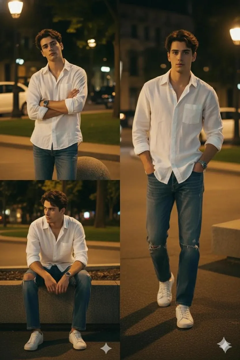 trend prompt:
A handsome young man with dark, wavy hair, wearing a relaxed white linen shirt and distressed blue jeans, is sitting on a large grey stone sphere at night. He is wearing white leather sneakers and a silver watch. The background is an urban street scene slightly out of focus (bokeh effect), with warm streetlights and a blurred white car in the distance. The lighting is dramatic and moody, emphasizing the subject.