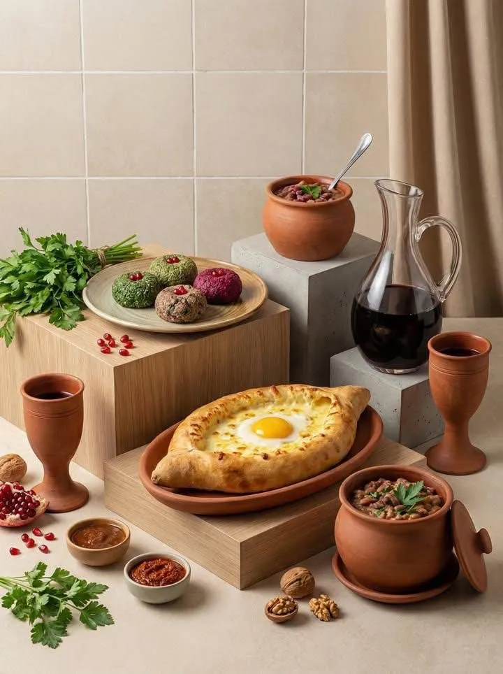 trend prompt: Minimalist editorial food still-life photography featuring traditional dishes arranged on geometric pedestal blocks. Neutral beige and cream backdrop with white tiled wall accents, soft diffused studio lighting, gentle shadows, warm natural color palette. Artisanal ceramic bowls, rustic tableware, fresh herbs, sauces, bread, wine, tea, and garnishes styled with precision. Clean composition, balanced negative space, elevated restaurant aesthetic, contemporary magazine look. Shot with a high-end DSLR, 50–85mm lens feel, shallow depth of field, ultra-realistic textures, premium culinary branding style.