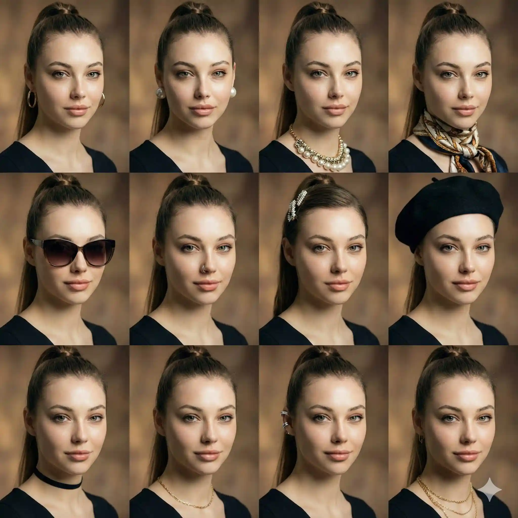 trend prompt: A high-quality photo collage featuring the same person with identical facial features and expression, shown in multiple frames wearing different accessories. Each panel includes a unique accessory such as hoop earrings, pearl studs, statement necklace, silk scarf, sunglasses, nose ring, hair clip, beret, choker, minimal gold chain. Consistent hairstyle, outfit, makeup, and lighting across all images, soft studio lighting, warm blurred background, realistic skin texture, facial symmetry consistency, ultra-detailed, editorial fashion portrait, 4×3 grid layout, professional photography.