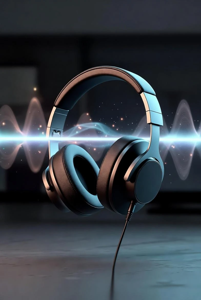 trend prompt: Ultra-realistic cinematic product shot of over-ear premium headphones floating mid-air, cushions and materials ultra-detailed. Sound-wave light effects and subtle particles frozen around the headphones. Clean dramatic lighting with cool rim highlights, soft front fill, shallow depth of field, dark studio background, high-end audio advertising look.