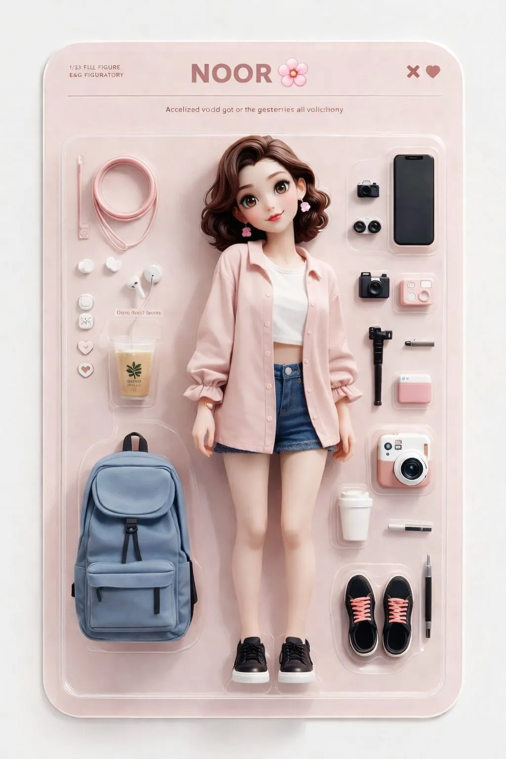 trend prompt:
A premium 3D starter pack collectible toy figure displayed in transparent blister packaging on a soft pastel pink background.
Centered full-body anime / Pixar-inspired 3D girl doll with a cute, elegant face:
big expressive eyes, soft blush cheeks, smooth porcelain skin, glossy lips, wavy medium-length brown hair, gentle sweet expression.
Outfit: oversized pastel pink button-up shirt worn open, white crop top inside, blue denim shorts, black sneakers with white soles.
Accessories neatly arranged in molded compartments around the figure:
blue backpack, smartphone, wired earphones, airpods, compact camera, instant camera, selfie stick/tripod, iced coffee cup, coffee mug, pen, casual shoes.
Packaging design:
minimalist aesthetic, symmetrical layout, clean plastic mold, premium collectible look.
Top title text:
“NOOR ” in a soft modern font, centered at the top of the packaging.
Soft studio lighting, pastel color palette, ultra-detailed textures, realistic shadows, product photography style, kawaii modern aesthetic, 8K resolution, sharp focus.