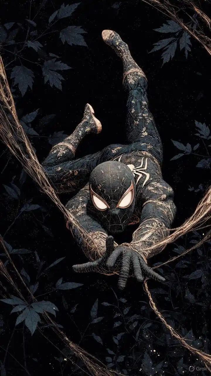 trend prompt: Create for mobile wallpaper — Spider-Man swinging through a shadowed, void-like space, body twisted mid-flip in extreme aerobatic pose. His suit rendered as textured linework with subtle botanical engravings replacing traditional web patterns, veins glowing faint gold. Hands and feet stretch toward the viewer in dynamic perspective, releasing arcs of golden silk-like trails. Face mask detailed with stippling, eyes glowing deep sapphire. Background is near-black with faint floating leaf silhouettes and cosmic dust. Dark mythological engraving style, botanical abstraction, ultra-detailed, muted forest green, antique gold, ivory, and shadowed indigo.