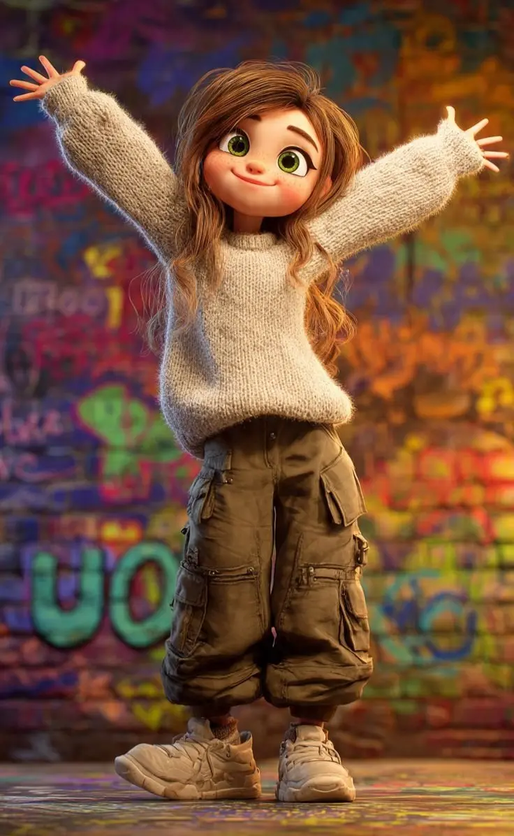 trend prompt:
A cute stylized 3D cartoon girl with a Pixar–Disney-inspired look, big expressive green eyes, soft freckles, rosy cheeks, and a warm innocent smile. She is standing confidently in a colorful urban alley with a vibrant graffiti brick wall background, cinematic depth of field and soft bokeh lights.
The character has a cozy oversized knitted sweater in a neutral beige tone with long sleeves covering part of the hands. She wears loose-fit cargo pants (olive green / camouflage tone), slightly baggy, paired with chunky casual sneakers.
Her pose is joyful and playful with both arms stretched wide outward, conveying happiness and freedom. Hair is medium-length brown, slightly messy yet cute, styled naturally (can be open or lightly tied), with soft realistic strands.
Lighting is warm and cinematic, soft ambient glow, ultra-detailed textures, high-quality 3D render, realistic fabric knit details, smooth skin shading, shallow depth of field, vibrant colors, whimsical mood, modern animated movie character style, ultra HD, sharp focus.