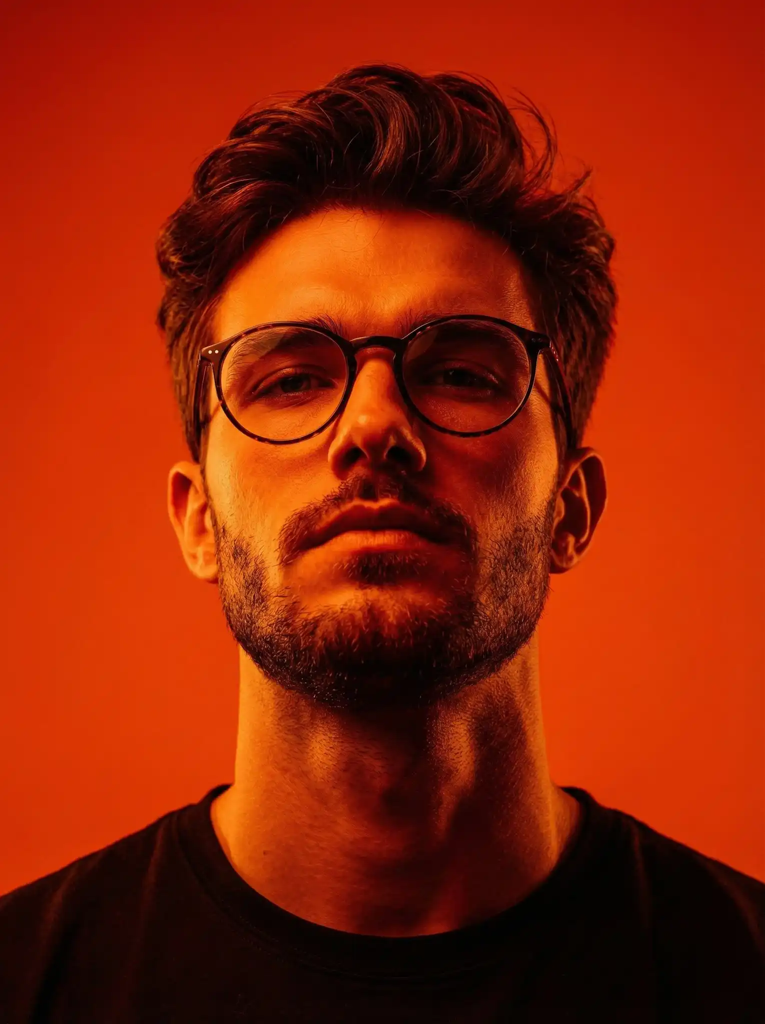 trend prompt: A powerful editorial, highly detailed, photorealistic, dynamic low-angle portrait featuring a man against a vibrant, solid orange-red background, utilizing dramatic, high-contrast studio lighting dominated by vivid orange and deep red hues. The subject is photographed from a slightly low camera angle, creating a strong, authoritative presence and emphasizing the jawline and facial structure. His head is subtly tilted downward toward the camera while his eyes look slightly