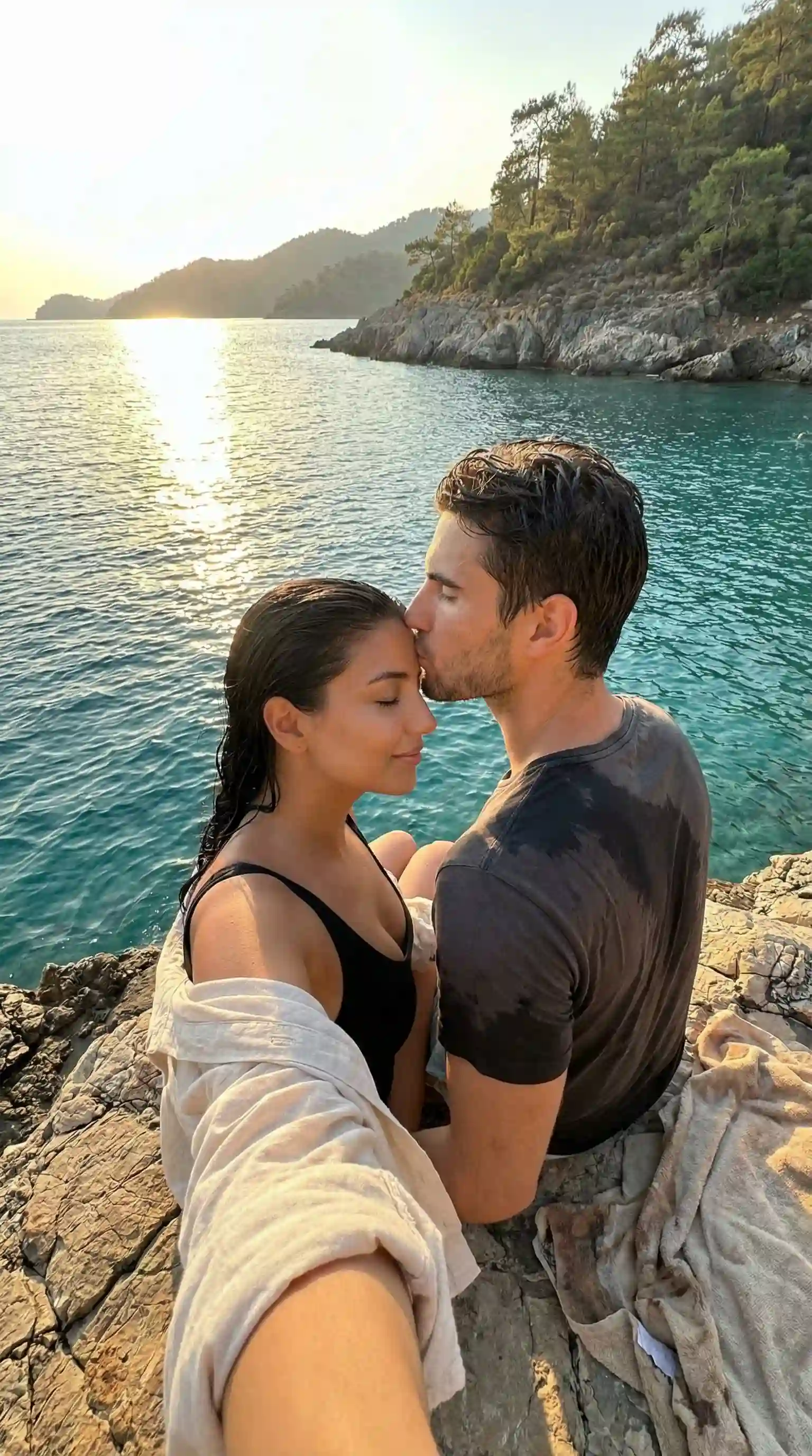 trend prompt: {
  "generation_request": {
    "meta_data": {
      "tool": "NanoBanana Pro",
      "task_type": "photoreal_candid_swim_romance",
      "version": "v1.0_MUGLA_ROCK_EDGE_FOREHEAD_KISS_VIEW_EN",
      "priority": "highest"
    },
    "output_settings": {
      "aspect_ratio": "9:16",
      "orientation": "portrait",
      "resolution_target": "ultra_high_res",
      "render_style": "ultra_photoreal_candid_film_still",
      "sharpness": "crisp_but_natural",
      "film_grain": "subtle_35mm",
      "color_grade": "true_to_life_golden_coast",
      "dynamic_range": "natural_not_hdr",
      "skin_rendering": "real_texture_no_retouch"
    },
    "global_rules": {
      "camera_language": "35mm lens equivalent, eye-level, handheld, candid documentary feel, focus on eyes when visible",
      "lighting_language": "motivated natural light only (golden hour), no flash",
      "authenticity_markers": "wet skin texture, salt water shine, no HDR, no AI glow, no luxury styling"
    },
    "creative_prompt": {
      "scene_summary": "Muğla, golden hour after swimming. They rest at the rock edge by the sea, wet hair, quiet breath. A small forehead kiss—tender, unposed, with a breathtaking view behind them.",
      "subjects": {
        "count": 2,
        "description": "young man and woman early 20s, ordinary and real; faces visible and sharp",
        "expression": "soft calm smiles, intimate quiet",
        "skin_and_face": "natural wet texture, sun warmth, no retouch"
      },
      "wardrobe_and_props": {
        "female": "simple swimsuit with a light cotton shirt loosely draped, wet hair",
        "male": "simple swim shorts, a plain cotton t-shirt half-wet, no logos",
        "props": "a simple towel nearby, slightly wrinkled, no branding"
      },
      "micro_action": "one gently kisses the other’s forehead; the other closes eyes for a second; hands rest naturally on a shoulder and forearm",
      "environment_details": {
        "location": "Muğla rocky cove overlooking the sea",
        "background": "wide panoramic sea view, sun path on water, pine hills, a tiny distant fishing boat silhouette (not luxury), natural rocks and shoreline textures"
      },
      "lighting": "golden hour rim light on wet hair edges; soft fill from sky; controlled highlights; deep but detailed shadows",
      "composition": "vertical 9:16, medium close shot, couple foreground; the sea view clearly visible as a strong backdrop; imperfect framing like a friend shot it",
      "mood": "very romantic, sincere, quiet"
    },
    "negative_prompt": [
      "studio lighting",
      "flash",
      "beauty retouch",
      "plastic skin",
      "model faces",
      "perfect symmetry",
      "HDR",
      "AI glow",
      "luxury yacht",
      "beach club",
      "designer logos",
      "text",
      "logo",
      "watermark",
      "explicit nudity",
      "over-sexualized"
    ]
  }
}