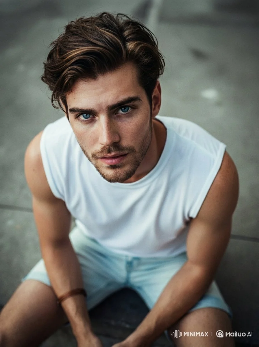 trend prompt:
Make a cinematic high-angle portrait of a young man use image for face reference looking up at the camera, intense expressive eyes with sharp focus, natural freckles and soft skin texture, slightly messy brown hair adding realism and motion, wearing a simple white sleeveless top and casual denim shorts, minimal accessories, urban lifestyle vibe.Shot from an overhead perspective creating depth and vulnerability, shallow depth of field with softly blurred concrete background, dramatic soft lighting with subtle shadows, moody color grading, high contrast, ultra-realistic skin tones, professional fashion photography style, 85mm lens look, f/1.8, cinematic realism, editorial portrait, 8K detail, film grain, modern aesthetic, photorealistic.