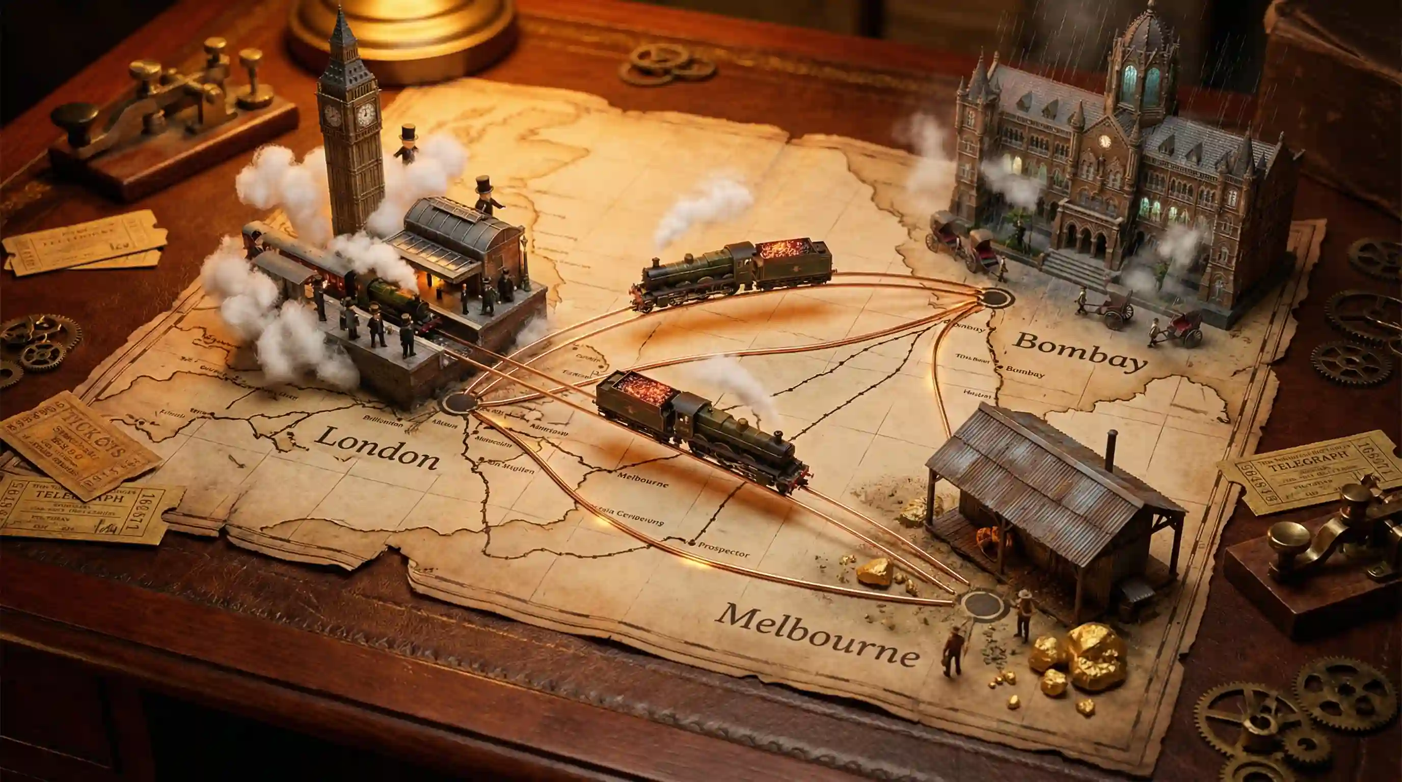 trend prompt: Victorian Railway Empire
A weathered railway network map spread across a station master's mahogany desk, bursting with photorealistic miniature worlds erupting from marked locations. London explodes from Britain as a living diorama—Big Ben towers above steam-filled platforms, surrounded by coal smoke and top-hatted commuters. Bombay rises from India with Victorian Gothic terminals emerging through monsoon sheets, tiny rickshaws frozen mid-journey. Melbourne materializes from Australia where iron train sheds pierce through golden dust, gold rush prospectors spilling across miniature tracks. Connecting routes glow as glowing rail lines—miniature steam locomotives suspended impossibly between worlds. The map's surface transitions from flat parchment to living terrain: oceans become actual churning water with paddle steamers, plains shimmer with real wheat fields, mountains thrust up with working funiculars. Each city exists in its own time: factory smog bathes one, tropical afternoon[...]