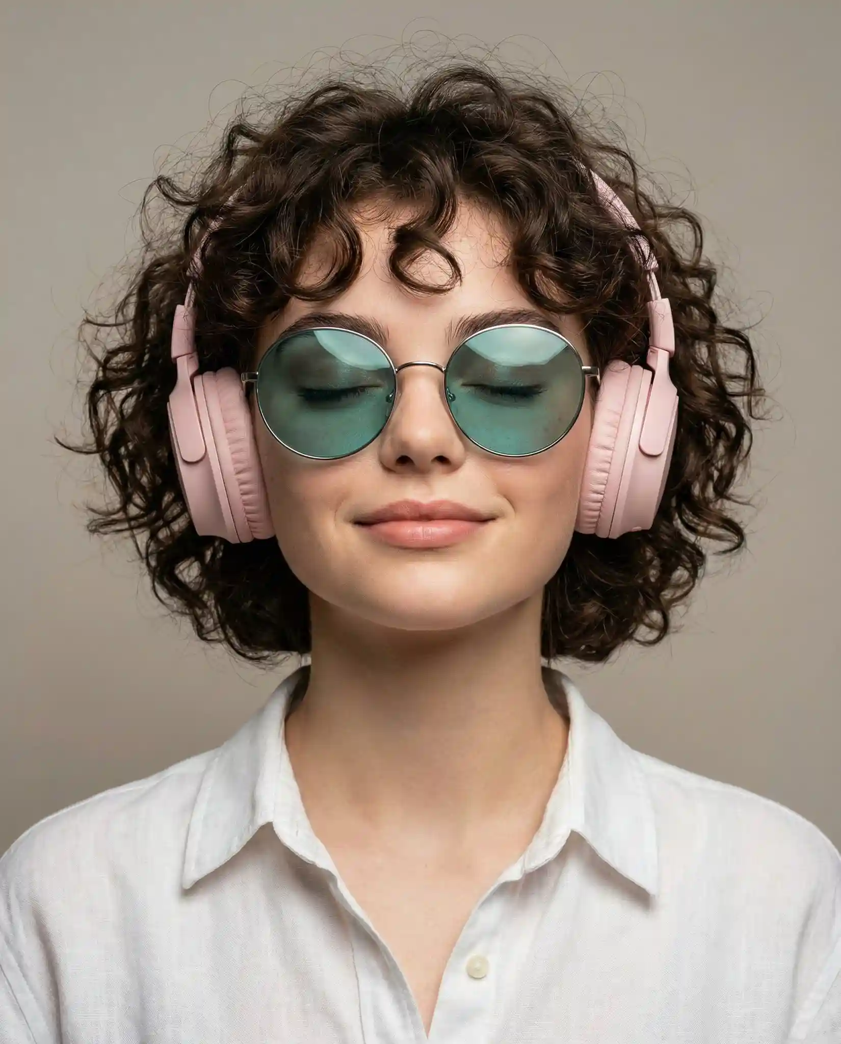 trend prompt: Create a ultra-realistic studio portrait of a fashionable woman ( as attached image ) centered in frame, facing forward with eyes closed and a serene, relaxed expression, as if enjoying music. She has short, voluminous, naturally curly dark brown hair styled in soft, airy curls framing her face. She wears oversized round sunglasses with thin metal frames and reflective teal-tinted lenses that mirror the background tones. Over her ears are pastel pink over-ear headphones with a soft matte finish