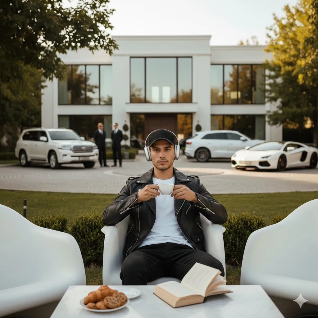 trend prompt: 
A stylish young man wearing a black cap, silver headphones, white t-shirt, and black leather jacket sits relaxed on a modern white chair in a lush green park. He is facing the camera confidently with a calm, composed expression. He holds a cup of coffee in one hand only, resting naturally while enjoying the peaceful atmosphere.
In front of him is a small elegant table with an open book and a plate of light snacks such as croissants and cookies neatly arranged. A few additional white chairs are placed nearby, creating a serene outdoor seating setup.
Behind him, at a subtle distance, two professional bodyguards stand watch, blending naturally into the environment. Further back stands a luxurious modern white mansion with large glass windows. Parked near the house are a white Toyota Land Cruiser, an Audi Q8, and a Lamborghini, arranged tastefully.
The scene is under an open sky with warm natural sunlight, soft shadows, cinematic depth of field, ultra-realistic details, luxury lifestyle mood, sharp focus, premium atmosphere, 8K quality.