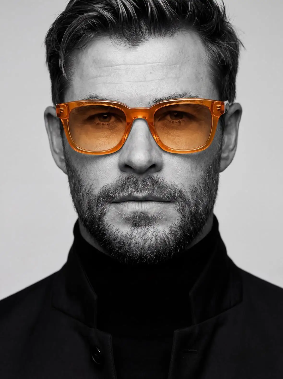 trend prompt: Ultra-realistic studio portrait of a man, close-up headshot, centered composition, neutral expression, sharp facial details, textured skin, clean grooming, wearing a black turtleneck and dark tailored coat, modern minimalist fashion, monochrome black and white photography style, only the glasses in color (translucent amber/orange frame), high contrast lighting, soft studio light, cinematic shadows, editorial fashion photography, plain light background, 85mm lens, shallow depth of field, ultra detailed, photorealistic, magazine quality, 8K.