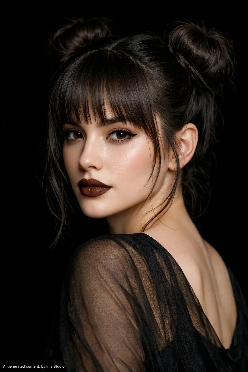 trend prompt: {
  "type": "image_generation_prompt",
  "style": "ultra-realistic beauty portrait, editorial fashion photography",
  "resolution": "8K",
  "aspect_ratio": "4:5",
  "subject": {
    "gender": "female",
    "description": "stylish young woman",
    "hair": {
      "color": "dark ash-brown",
      "style": "two symmetrical space buns",
      "details": [
        "soft straight bangs framing the forehead",
        "loose face-framing strands"
      ]
    },
    "face": {
      "skin": "smooth fair skin with ultra-detailed natural texture",
      "features": "sharp delicate facial features",
      "eyes": "deep brown eyes",
      "lipstick": "matte dark-brown lipstick"
    },
    "expression": "calm, confident, slightly intense",
    "pose": {
      "angle": "looking directly at the camera over her shoulder",
      "body_language": "elegant and composed"
    },
    "clothing": {
      "top": "sheer black elegant top with soft fabric texture"
    }
  },
  "environment": {
    "background": "pure deep black",
    "setup": "professional studio portrait"
  },
  "lighting": {
    "type": "soft cinematic lighting",
    "direction": "front-left key light",
    "effects": [
      "high contrast between skin and background",
      "subtle shadow falloff",
      "clean dramatic lighting"
    ]
  },
  "camera": {
    "focus": "sharp focus on eyes",
    "depth_of_field": "shallow",
    "style": "professional beauty photography"
  },
  "quality": {
    "detail_level": "ultra-detailed skin texture",
    "noise": "minimal",
    "realism": "photorealistic",
    "composition": "dramatic yet clean"
  },
  "mood": "confident, modern, high-fashion"
}