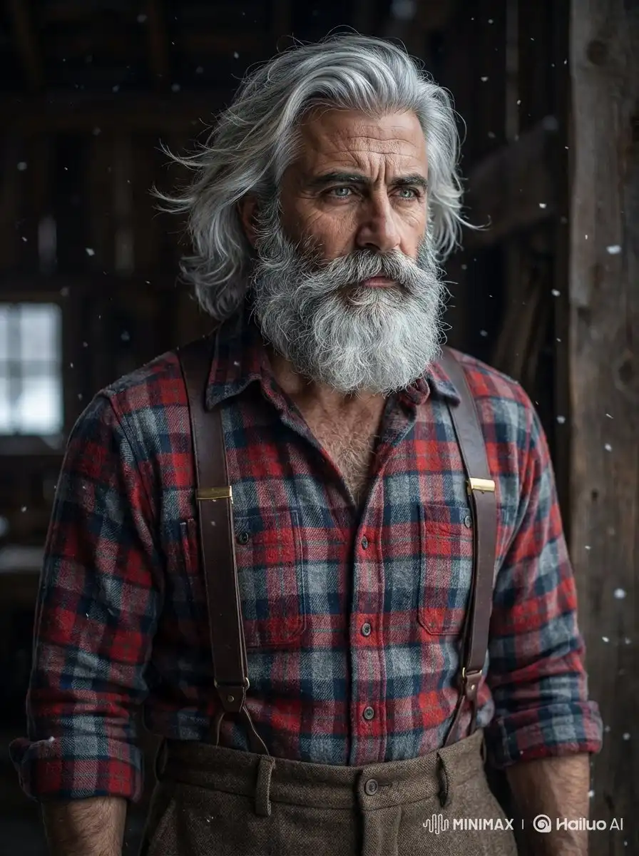 trend prompt: A rugged, weathered old man standing inside a rustic wooden barn in winter, heavy snow gently falling outside and drifting through the open gaps, cinematic atmosphere,
70–75 year old Caucasian man, long flowing silver-gray hair, very thick full bushy gray beard and mustache, deep thoughtful expression, slightly furrowed brows, piercing blue eyes, strong facial features, realistic skin texture with wrinkles and age spots,
wearing classic lumberjack-style red-and-navy-blue plaid flannel shirt, brown wool suspenders, old brown work trousers with rolled cuffs, wide brown leather suspenders with brass hardware,
soft dramatic lighting coming from the side, snowflakes visible in the air, moody and atmospheric, ultra-realistic portrait, highly detailed face, shallow depth of field, 8k, photorealistic, shot on Hasselblad, natural color grading.