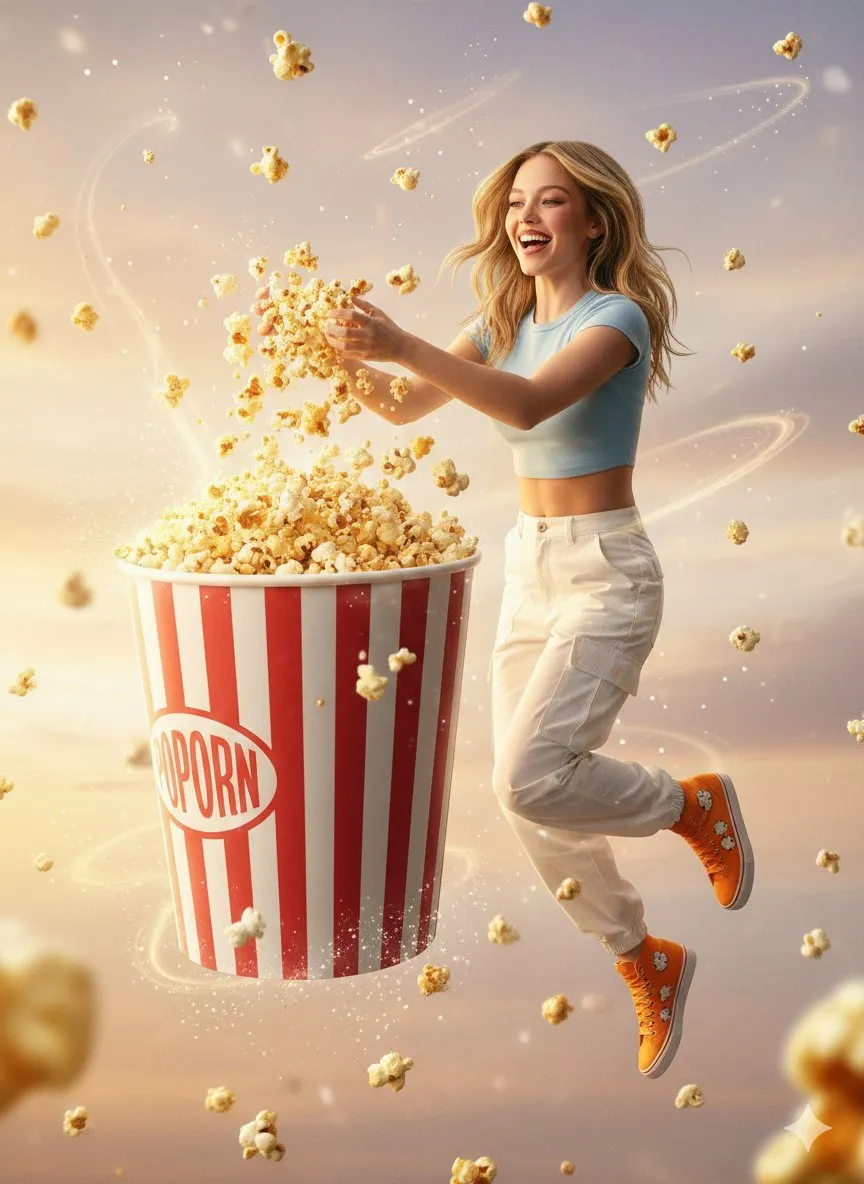 trend prompt: 
Use the uploaded reference image as the primary character reference.
Place the person [pose] [location] a giant [food item], [positioning]. [Dynamic behavior].
Outfit: [color] [top], [color] pants, [color] shoes.
Environment & Style: Photorealistic, whimsical [genre] fantasy. [Lighting] emphasizes [elements].
Visual Details: [Motion effects].
Background: [gradient] with [atmosphere].
Composition & Quality: Vertical, shallow depth of field, ultra-detailed, cinematic [finish], [vibe].