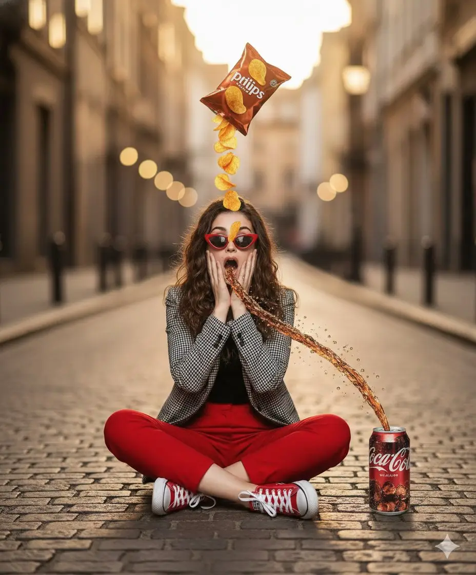 trend prompt: Prompt
Upload my photo as reference. Cinematic slow-motion scene at golden hour on a quiet street, a floating chips packet above my head tilted open, crispy chips falling perfectly into my mouth mid-air, a stylish coke can on the street beside me with a smooth stream of coke levitating into my mouth, ultra-realistic splash physics, warm sunlight glow, shallow depth of field, aesthetic food photography, 85mm lens, soft film grain, dreamy vibe, high detail.