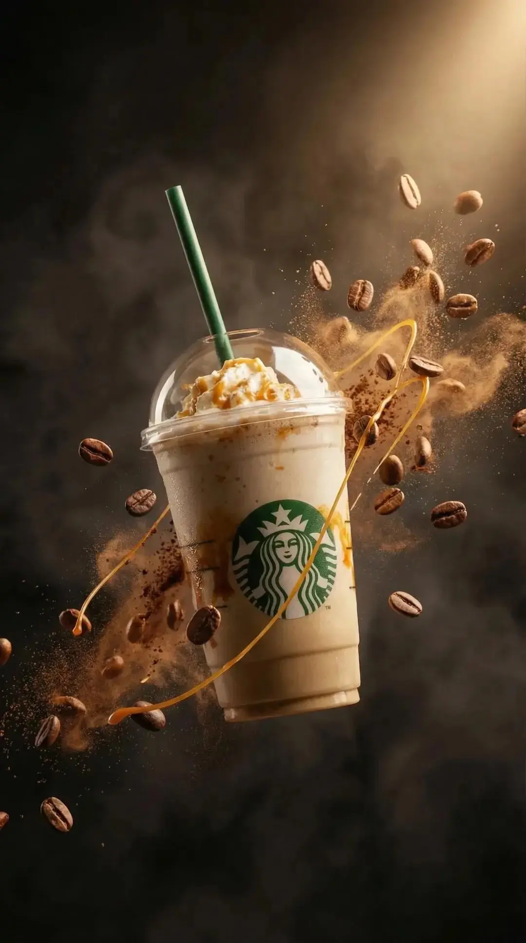 trend prompt: Prompt 1:
Ultra-realistic commercial product photography of a caramel frappuccino in a clear plastic cup with dome lid and green straw, topped with whipped cream and caramel drizzle, floating mid-air. Coffee beans exploding around the cup with fine coffee powder dust particles suspended in the air, dynamic caramel splash trails swirling around the drink. Dark smoky background with dramatic spotlight from above, warm golden rim lighting, high contrast, sharp focus, macro details, cinematic depth of field, hyper-detailed texture, premium beverage advertisement, 8K resolution.
Prompt 2:
Cinematic product shot of a whipped cream topped iced caramel coffee in a clear takeaway cup, floating in mid-air without straw. Surrounded by flying coffee beans and caramel streaks forming dynamic motion trails, coffee powder burst effect behind the cup. Moody dark brown background with soft smoke texture and strong overhead spotlight, volumetric lighting, rich warm tones, ultra-detailed, photorealistic, shallow depth of field, high-speed capture look, luxury café advertisement style, 8K ultra HD.