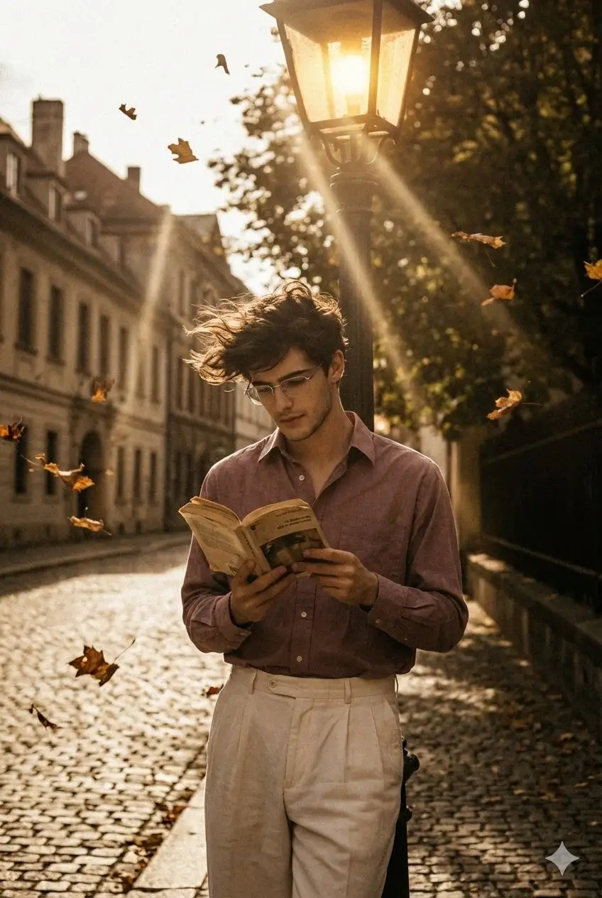 trend prompt: Create a retro, vintage-inspired image - grainy yet bright with little sun rays based on the reference picture. The boy should be wearing a light maroon shirt, paired with plated off-white pants styled in a Pinterest-inspired aesthetic. The vibe must capture the essence of a 90s movie dark-brown-haired baddie, hair waving by a windy, romantic atmosphere. Standing under the aesthetic street light and reading a book as a few leaves blow in the air, while dramatic contrasts add mystery and artistry to the scene, creating a moody yet enchanting atmosphere.