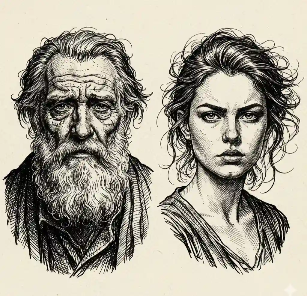 trend prompt: A black and white ink sketch featuring two highly detailed portraits side-by-side. On the left, an elderly man with a long, weathered beard, deep facial wrinkles, and weary eyes. On the right, a young woman with intense, piercing eyes and messy, wind-swept hair. The style uses intricate cross-hatching, fine line work, and stippling to create shadows and texture. Set against a clean, off-white parchment background. Reminiscent of classical copperplate engravings or dark fantasy concept art, high contrast, moody and soulful.
