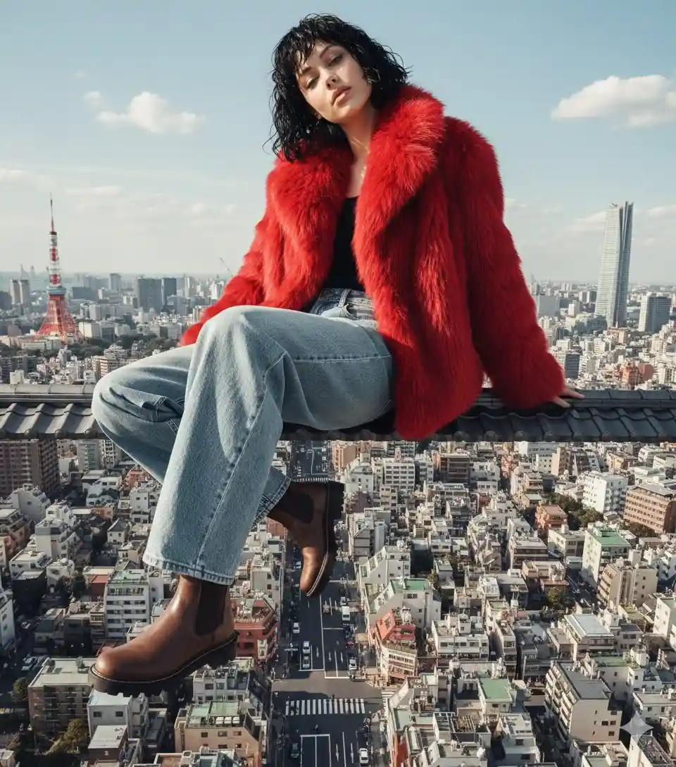 trend prompt: Prompt
Surreal high-fashion editorial set over central Tokyo, captured from a high, slightly tilted bird’s-eye perspective, making the city appear like a miniature diorama while a giant female model dominates the frame. Strictly preserve facial features from the reference photo with no distortion, ultra-detailed skin texture, natural pores, realistic expression. She has wet, black chin-length curly hair, softly framing her face. Expression calm, confident, eyes half-closed, radiating dreamlike detachment. She wears a voluminous bright-red fur coat, oversized light-wash denim jeans, and rugged brown Chelsea boots. Cinematic pose: half-lying on the edge of a traditional rooftop, one leg extended diagonally toward the bottom-left corner of the frame, the other bent at the knee, arms braced behind her along the roofline supporting her weight, head tilted back slightly toward the sky.
Below her stretches a dense Tokyo cityscape with mid-rise buildings, narrow streets, tiny pedestrians and cars far below. A notable red communication tower stands on the left side of the horizon, and a tall needle-like modern skyscraper rises on the right, both visible under a soft blue sky with scattered cotton-like clouds. Vertical composition with strong leading lines from streets and crosswalk markings converging near the lower center, emphasizing scale and height. Wide-angle 24–28mm lens feel with subtle perspective stretch, bright diffused daylight, soft directional sunlight, crisp highlights on the fur coat, gentle shadows along denim folds, slightly muted fashion-magazine color grading, cinematic depth, ultra-realistic, maximum detail.